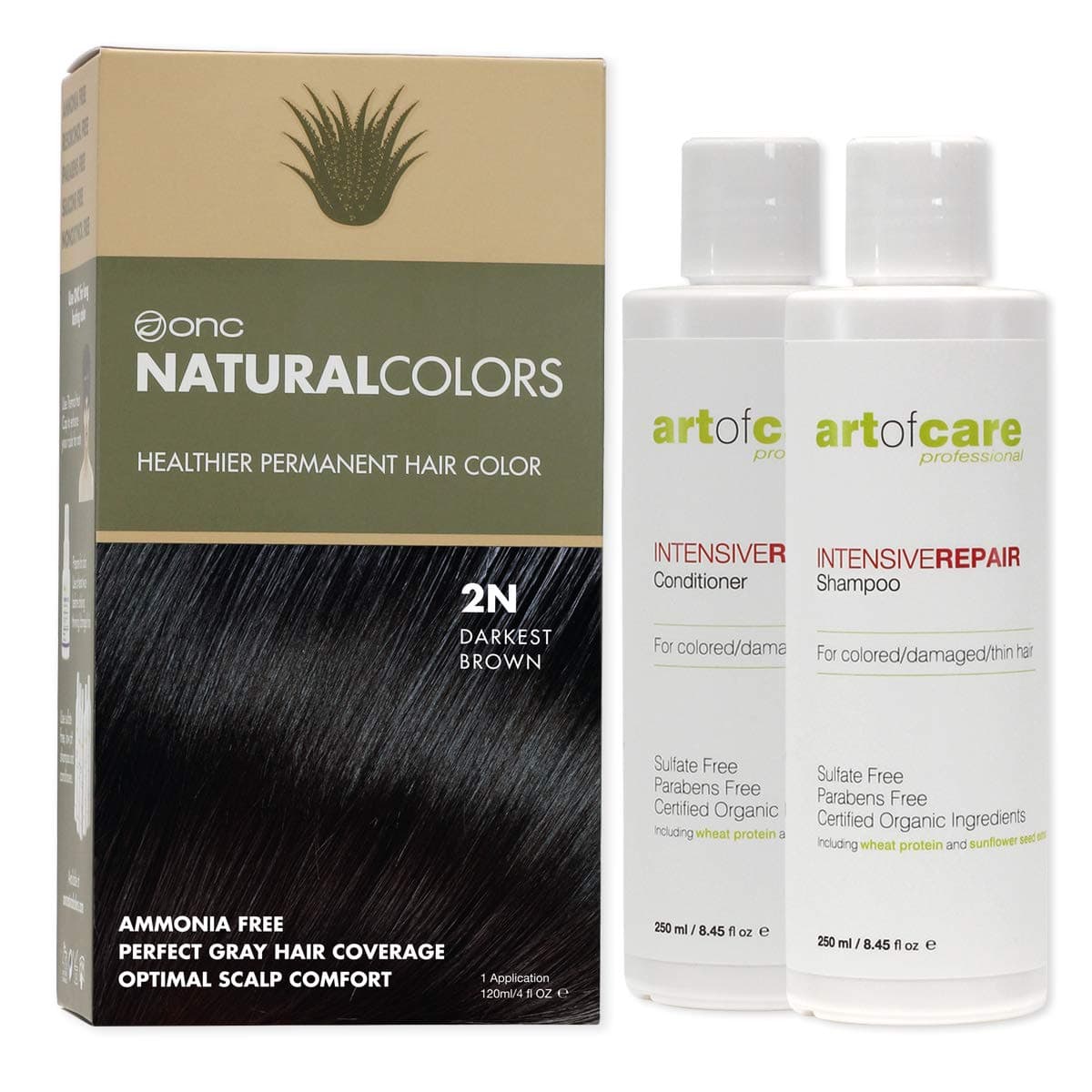 ONC NaturalColors Healthier Permanent Hair Dye (2N Darkest Brown) 4 fl. oz. ONC artofcare INTENSIVEREPAIR Sulfate and Paraben free Shampoo and Cond...
