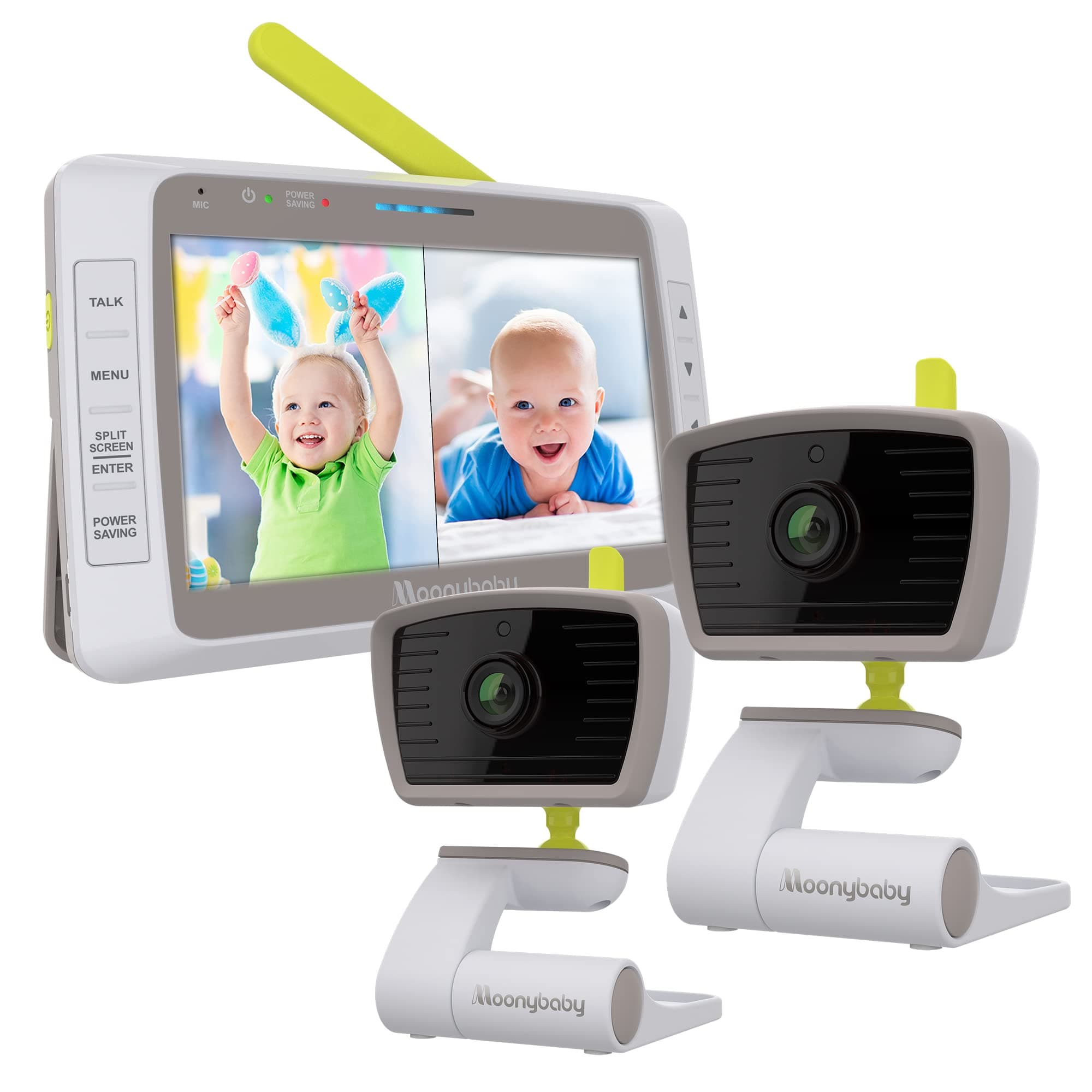 Moonybaby Split 50 Baby Monitor with 2 Cameras and Audio, No WiFi, Large Screen with Wide View, Screen Split, Auto Night Vision and Zoom, Sound Act...