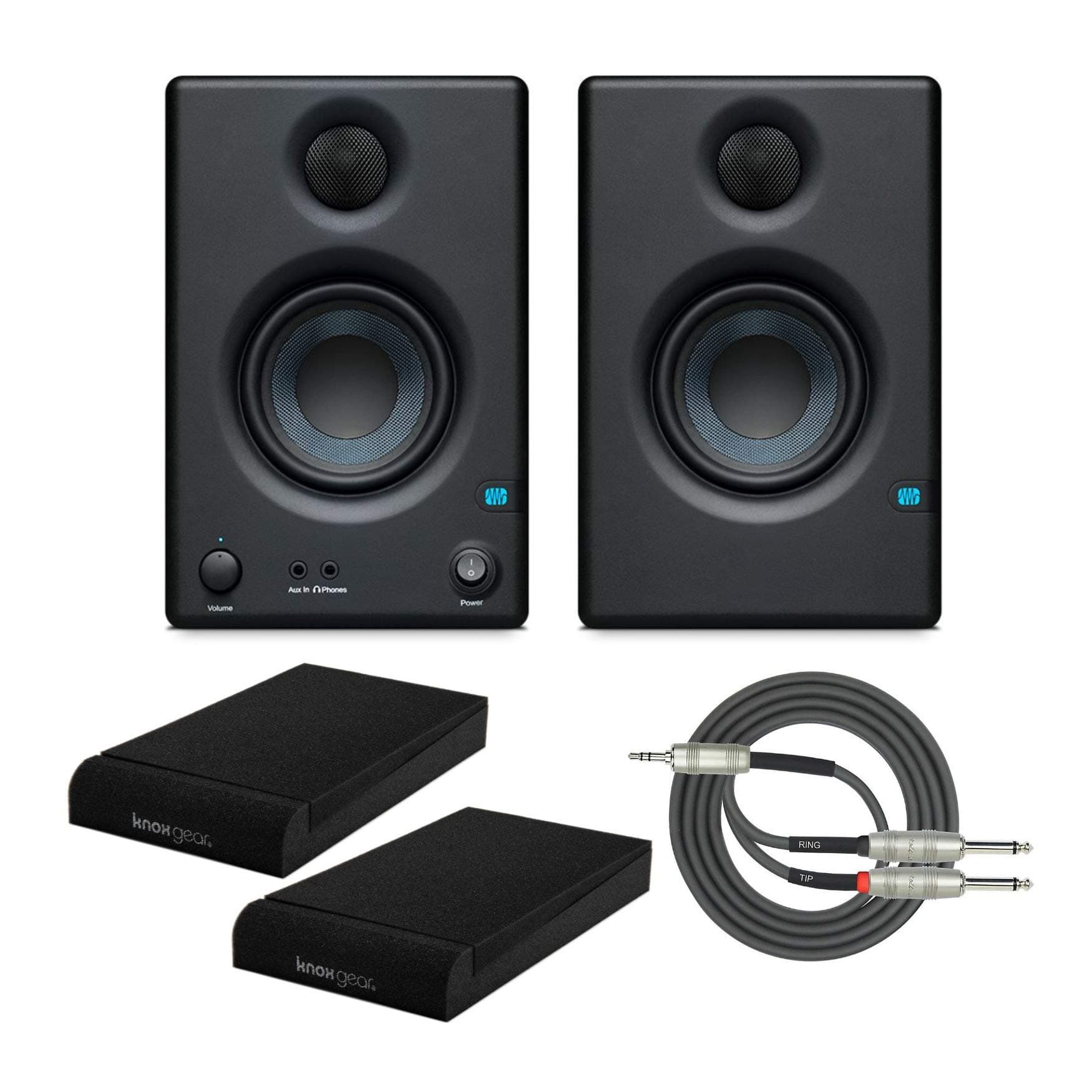 Presonus Eris E3.5 2-Way 3.5" Near Field Studio Monitor (Pair) with Knox Isolation Pads and Stereo Breakout Cable Bundle