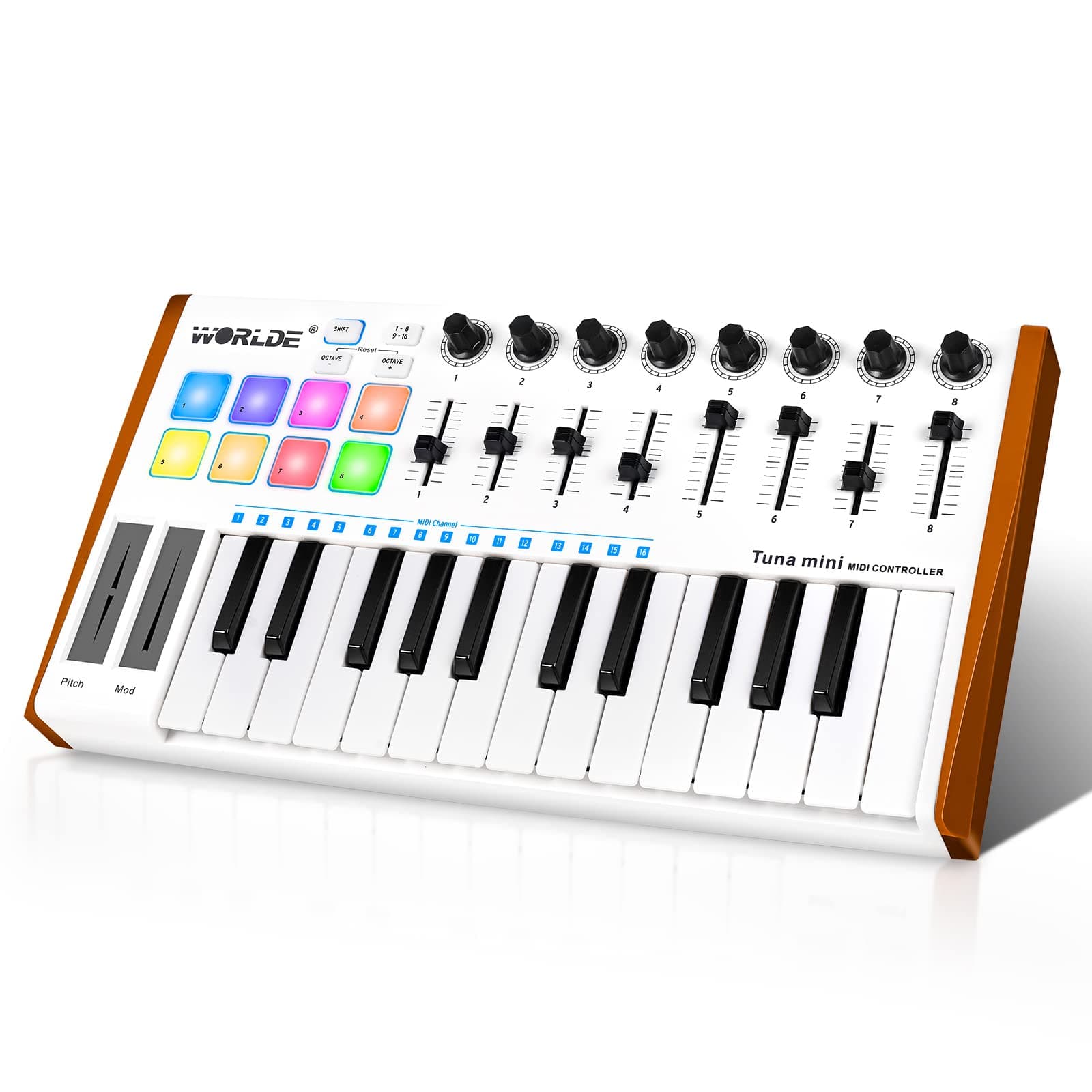 Vangoa Worlde MIDI Keyboard Controller 25 Key, Worlde Tuna Mini USB Portable Beat Maker Machine, Midi Keyboard with Drum Pads for Beginners, 8 Knob...