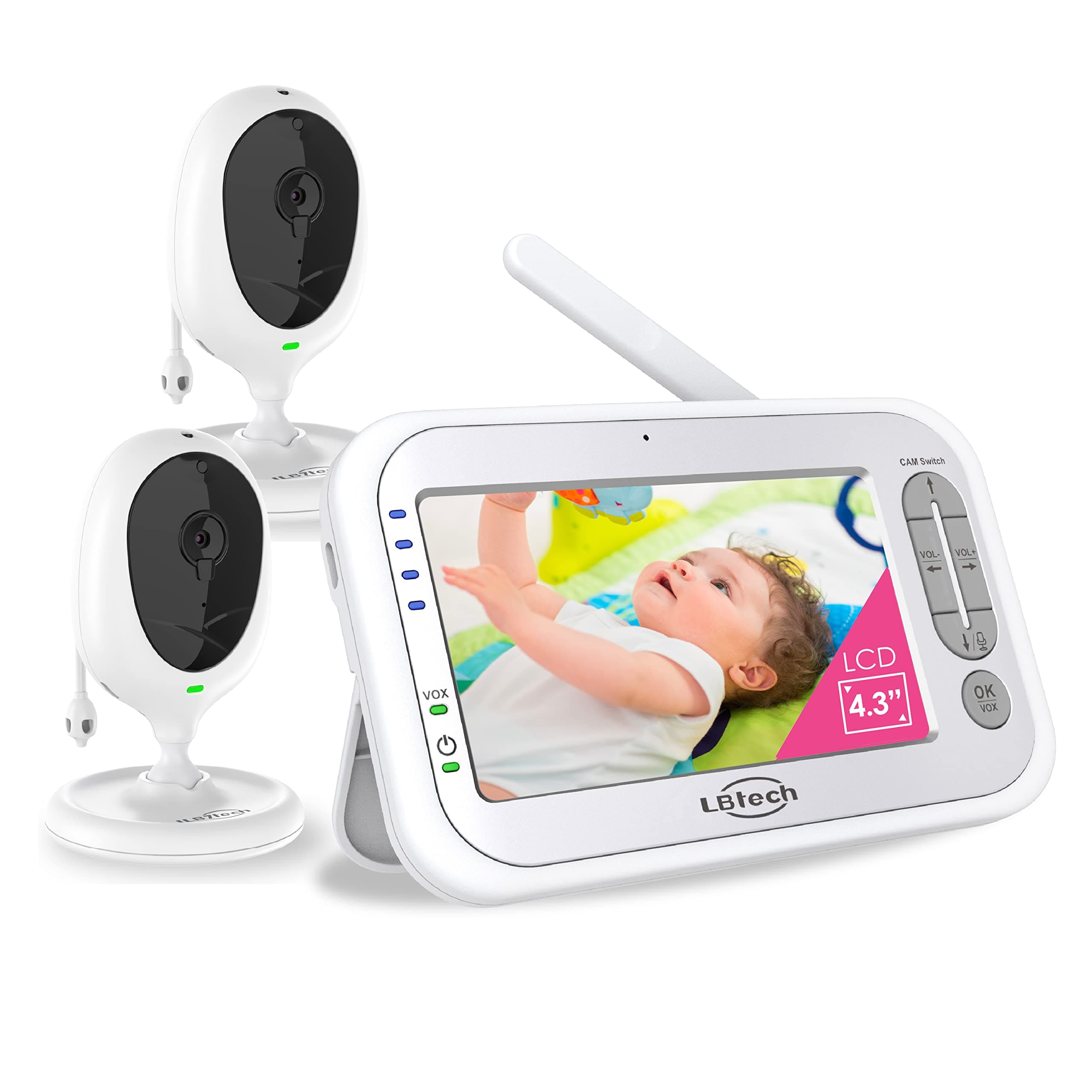 Video Baby Monitor with Two Cameras and 4.3" LCD,Auto Night Vision,Two-Way Talkback,Temperature Detection,Power Saving/Vox,Zoom in,Support Mult...