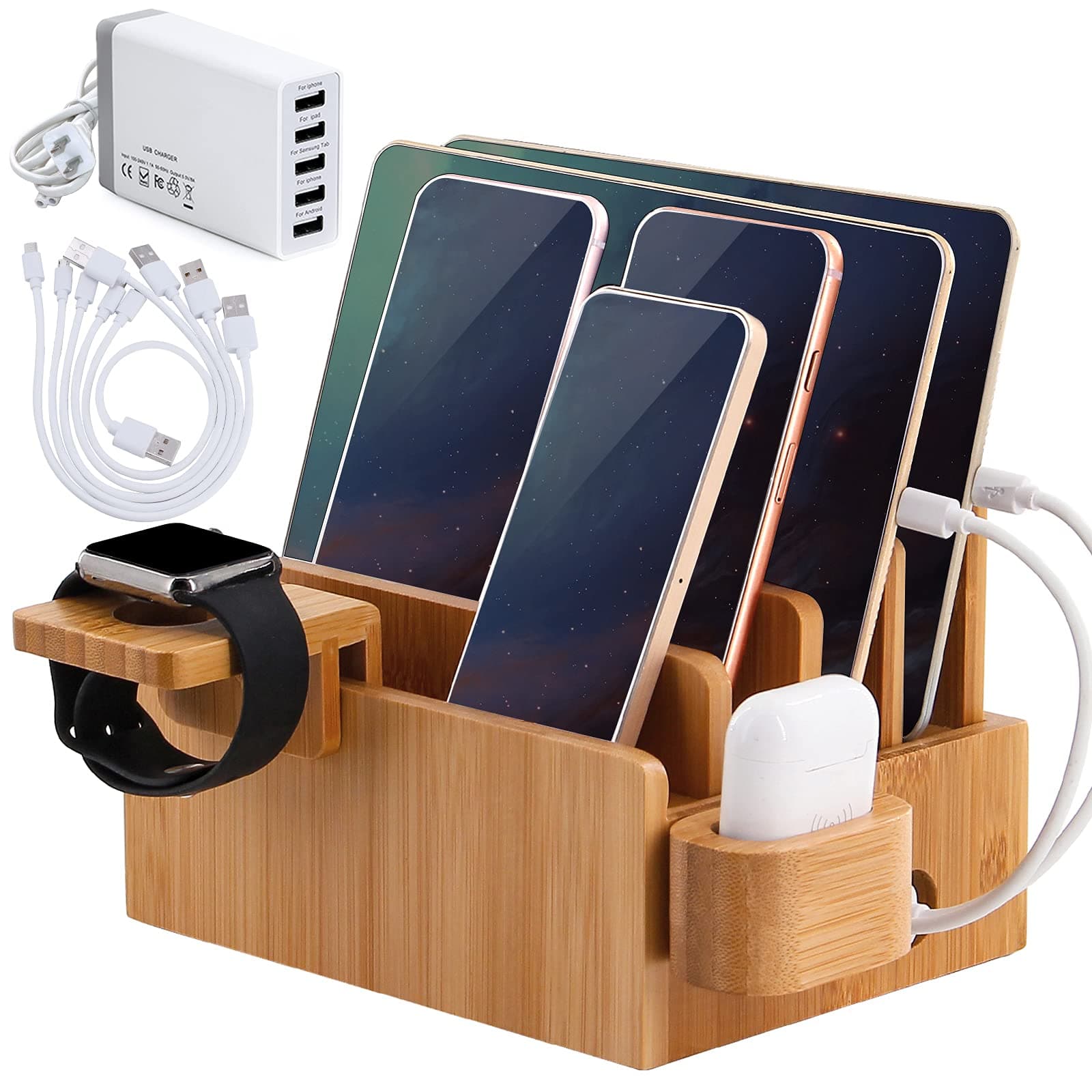 Bamboo Charging Station for Multiple Devices (Included 5 Port USB Charger, 5 Pack Charge & Sync Cable, Watch&Earbuds Stand), Electronic Device Desk...