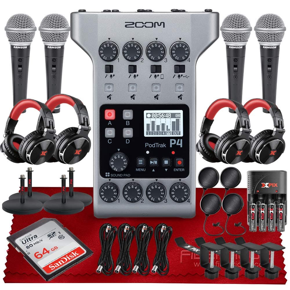 Zoom PodTrak P4 Portable Multitrack Podcast Recorder, 4 Microphone Inputs, 4 Headphone Outputs, Audio Interface + 64GB SD, 4 X Dynamic Microphone, ...