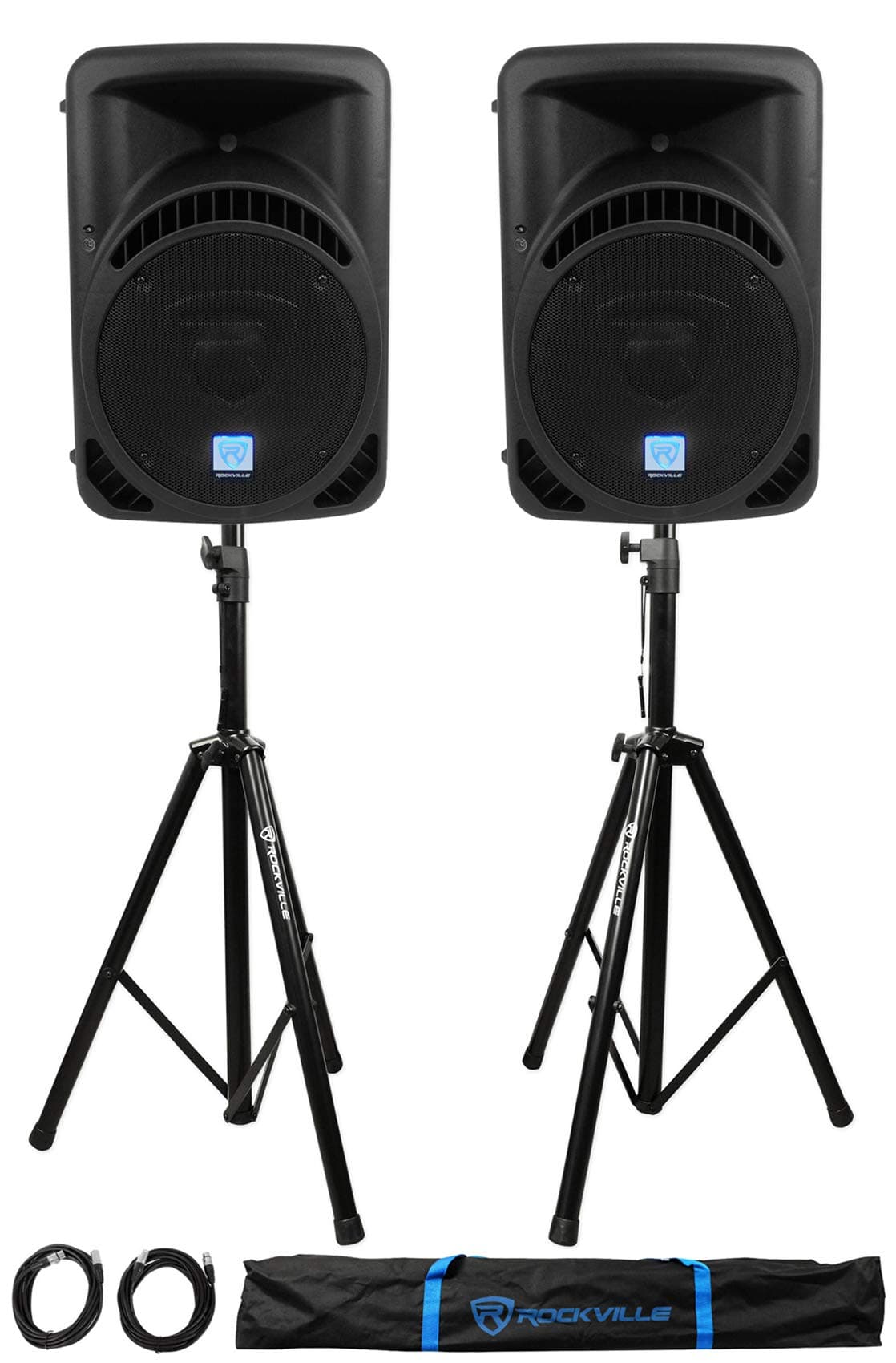 (2) Rockville RPG12BT 12" 1600w Powered BlueTooth/USB DJ Speakers+Stands+Cables