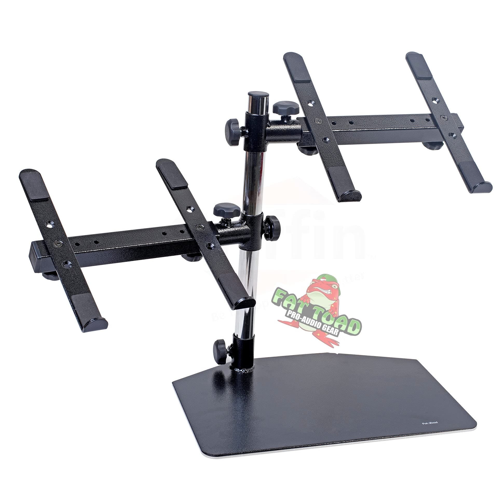 Double DJ Laptop Stand by FAT TOAD | 2 Tier PC Table Holder | Portable Computer Clamp Equipment Rack with Duel Mounts for Music Studio Mixers, Cont...
