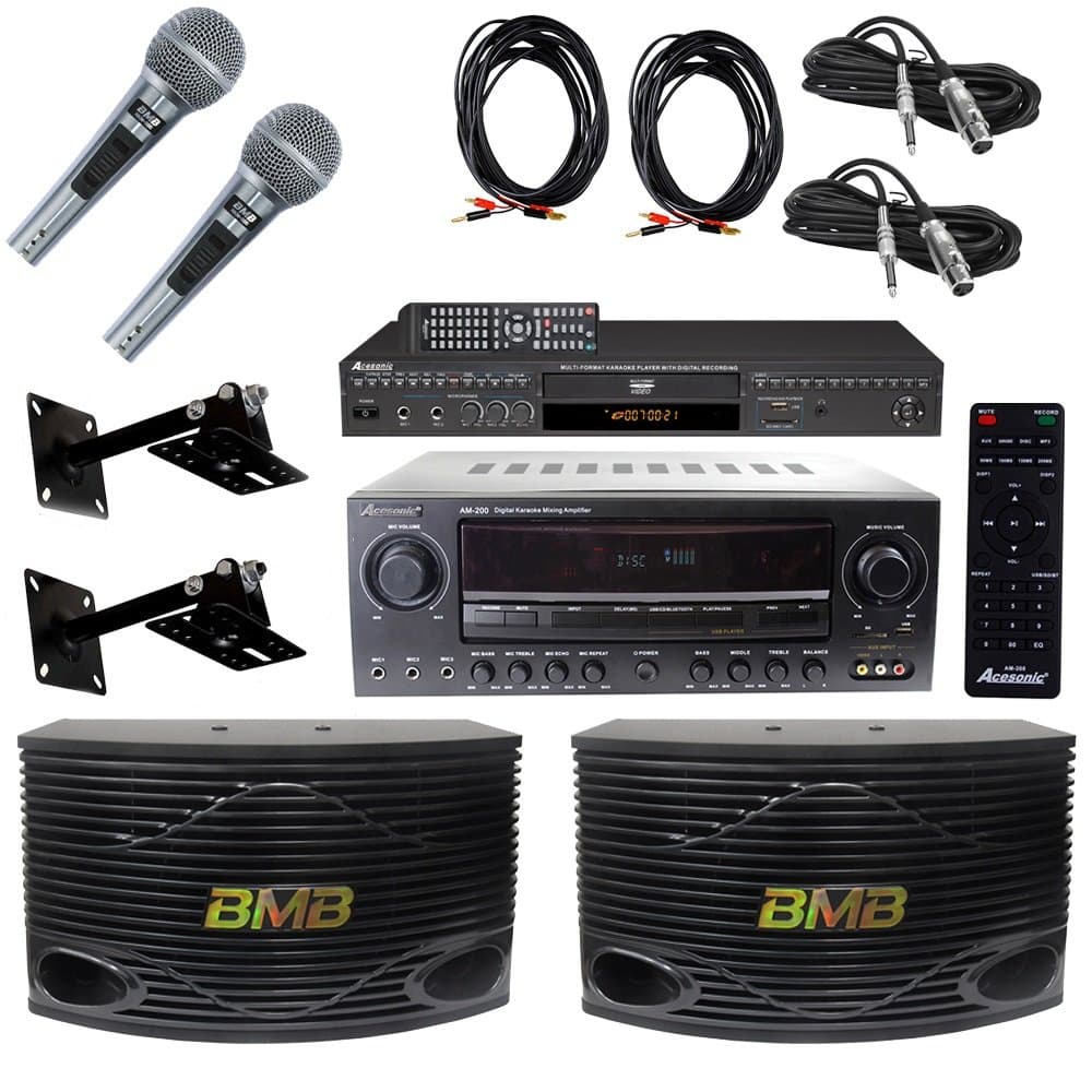Acesonic DGX-220 HDMI Karaoke Player With AM-200 Mixing Amplifier Bundle With BMB CSN-300 8" Speakers 300W & NKN 300 Wired Mics