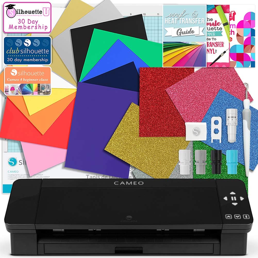 Silhouette Black Cameo 4 Deluxe T-Shirt & Fabric Vinyl Bundle with HTV, Guides, and More