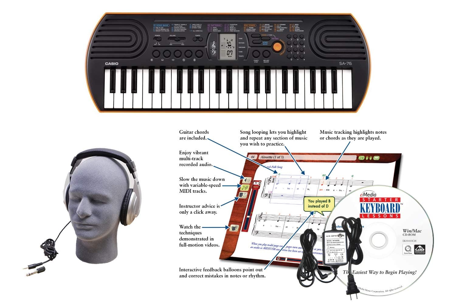 Casio SA-76 Premium Lighted Keyboard Pack with Power Supply