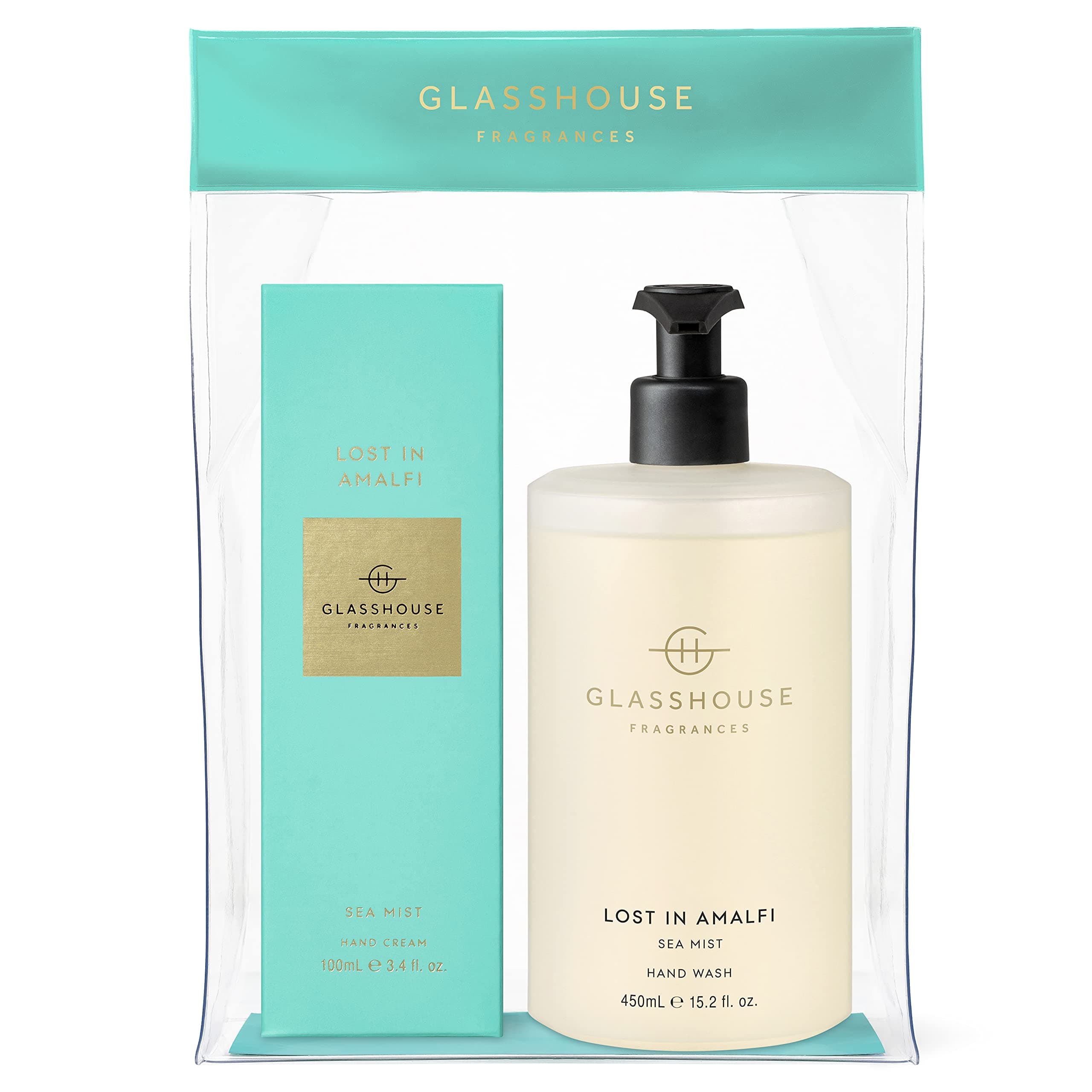 Glasshouse Fragrances Lost In Amalfi Hand Duo Gift Set, Hand Cream & Hand Wash, Moisturizing & Perfume Scented, Sea Mist, 3.4 Fl Oz + 15.2 Fl Oz
