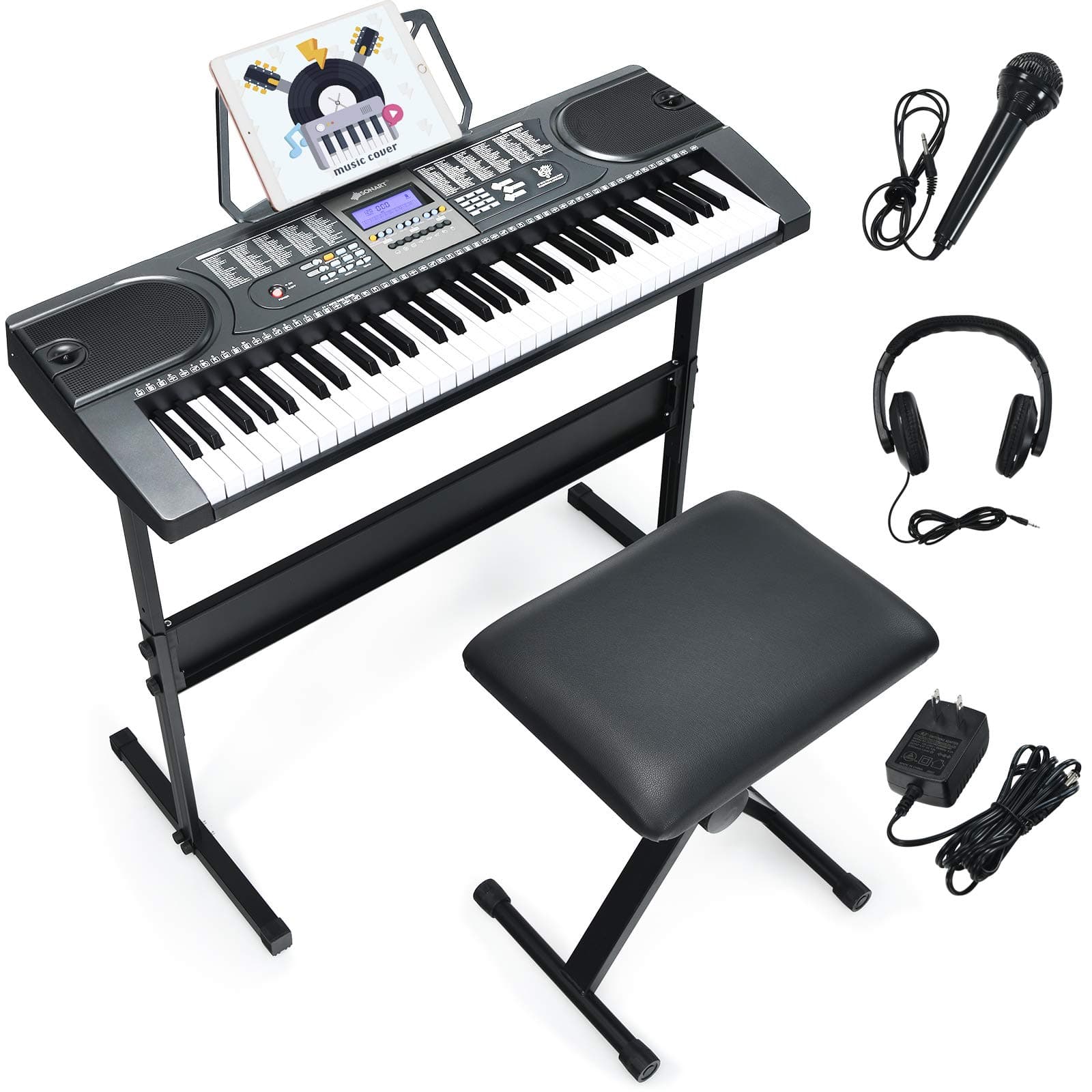 Costzon 61 Key Keyboard Piano with LCD Screen, Portable Digital Piano w/Microphone Headphone, Adjustable Stand, Foldable Piano Bench, Dual Power Su...