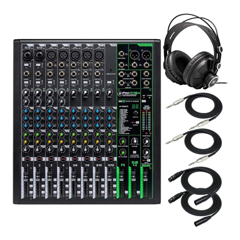 Mackie ProFX12v3 Unpowered 12-Channel FX USB Mixer Bundle - Includes Knox Gear TX-100 Closed-Back Studio Monitor Headphones, 1/4-Inch TRS Cables, a...