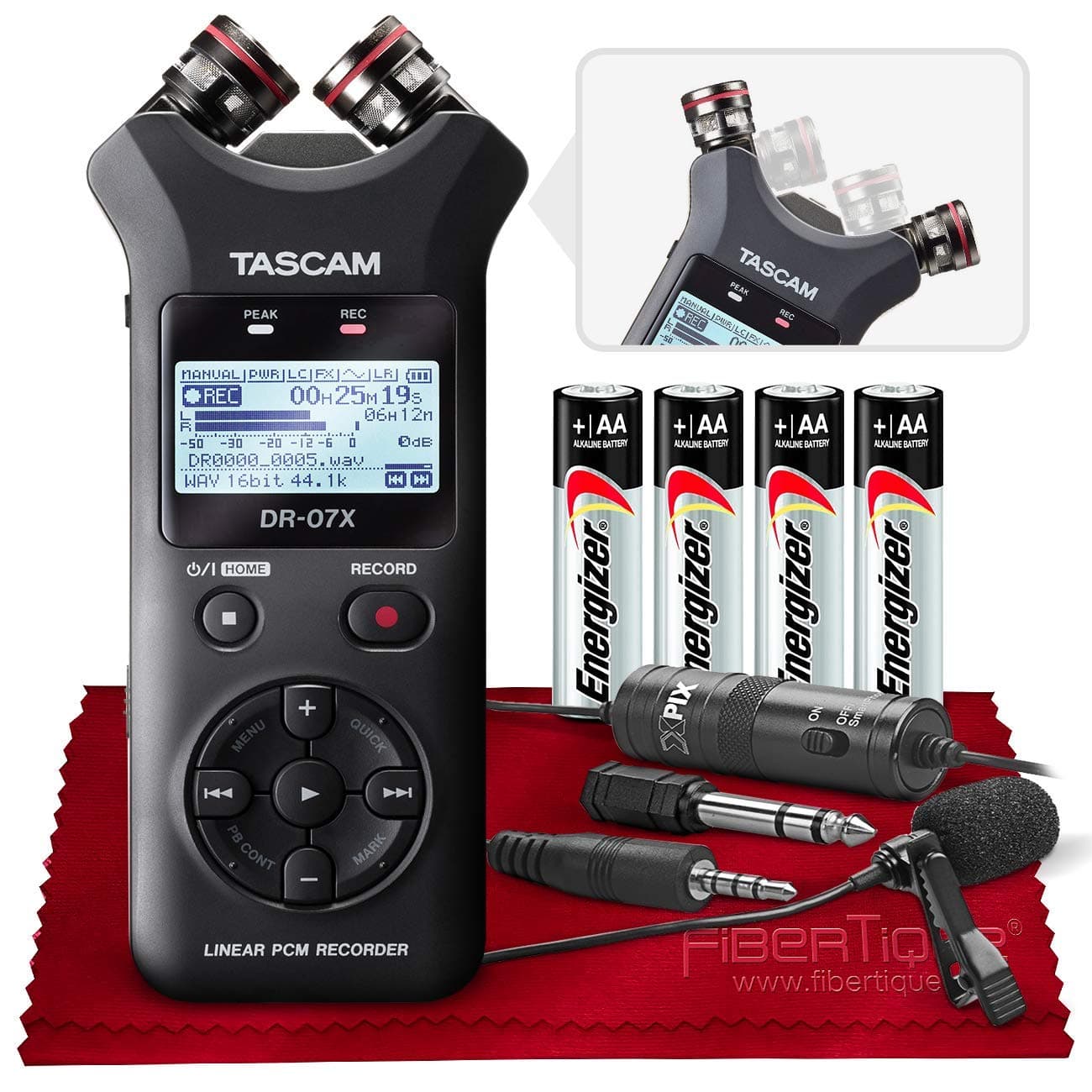 Tascam DR-07X Stereo Handheld Digital Audio Recorder with USB Audio Interface + Lavier Microphone + Batteries + Basic Accessories Bundle