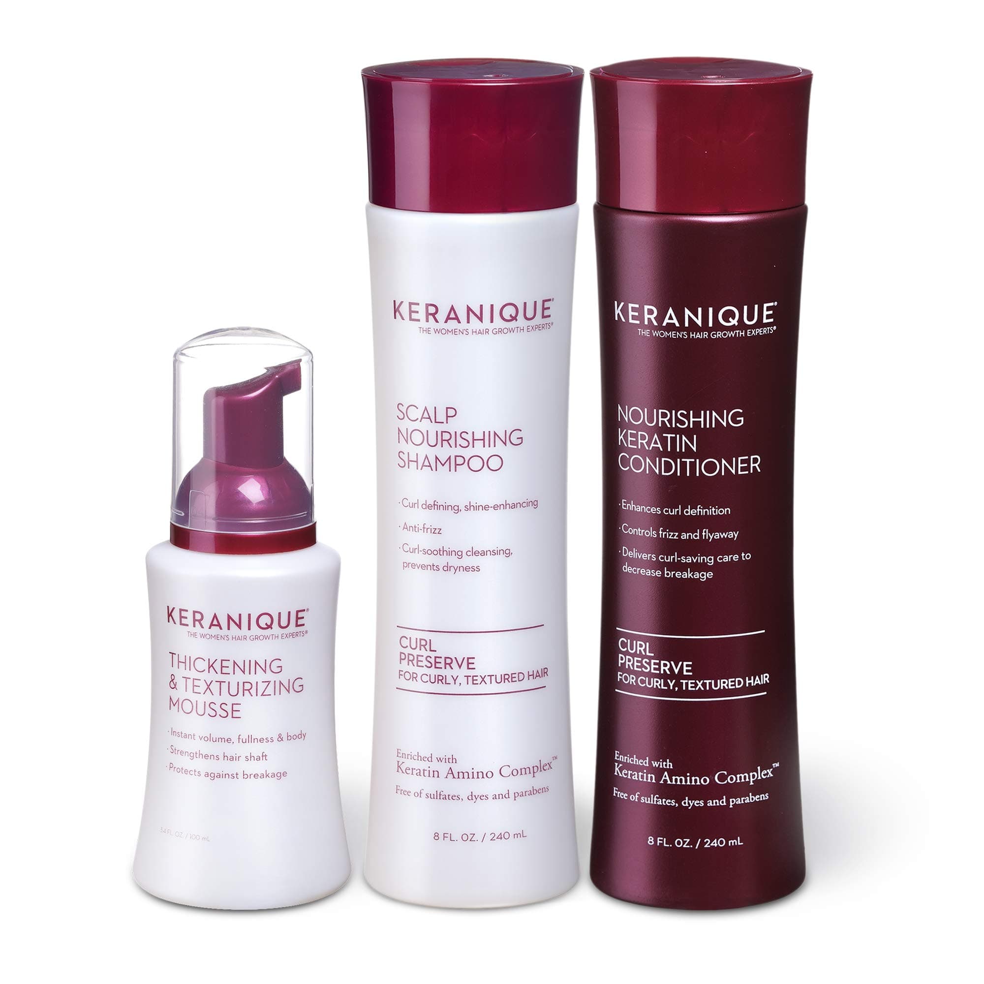 Keranique Hair Thicker Stronger Hair 60 Days System with Keratin Shampoo, Conditioner and Texturizing Mousse for Curly Thinning Hair, Paraben/Sulfa...