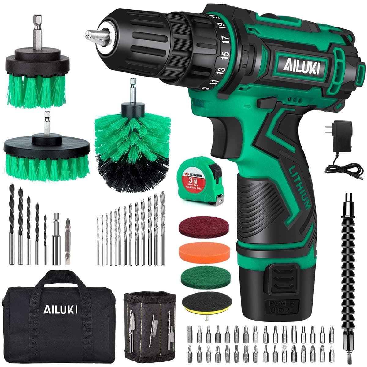 Cordless Drill Driver Kit,67Pcs 12V Drill Set Lithium-Ion Battery,Magnetic Wristband Brushes Tape Measure,Max Drill 280 In-lb Torque,3/8'' ...