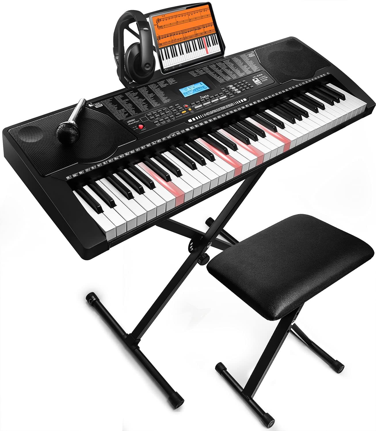 JIKADA 61 Key Portable Electronic Keyboard Piano w/Lighted Full Size Keys,LCD,Headphones,X-Stand,Stool,Music Rest,Microphone,Note Stickers,Built-In...