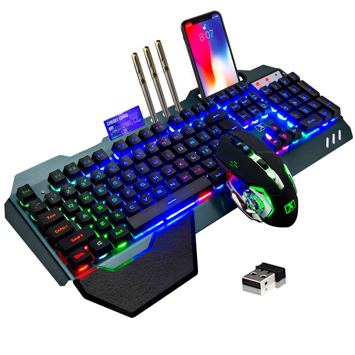 Wireless Gaming Keyboard and Mouse,Rainbow Backlit Rechargeable Keyboard Mouse with 3800mAh Battery Metal Panel,Removable Hand Rest Mechanical Feel...