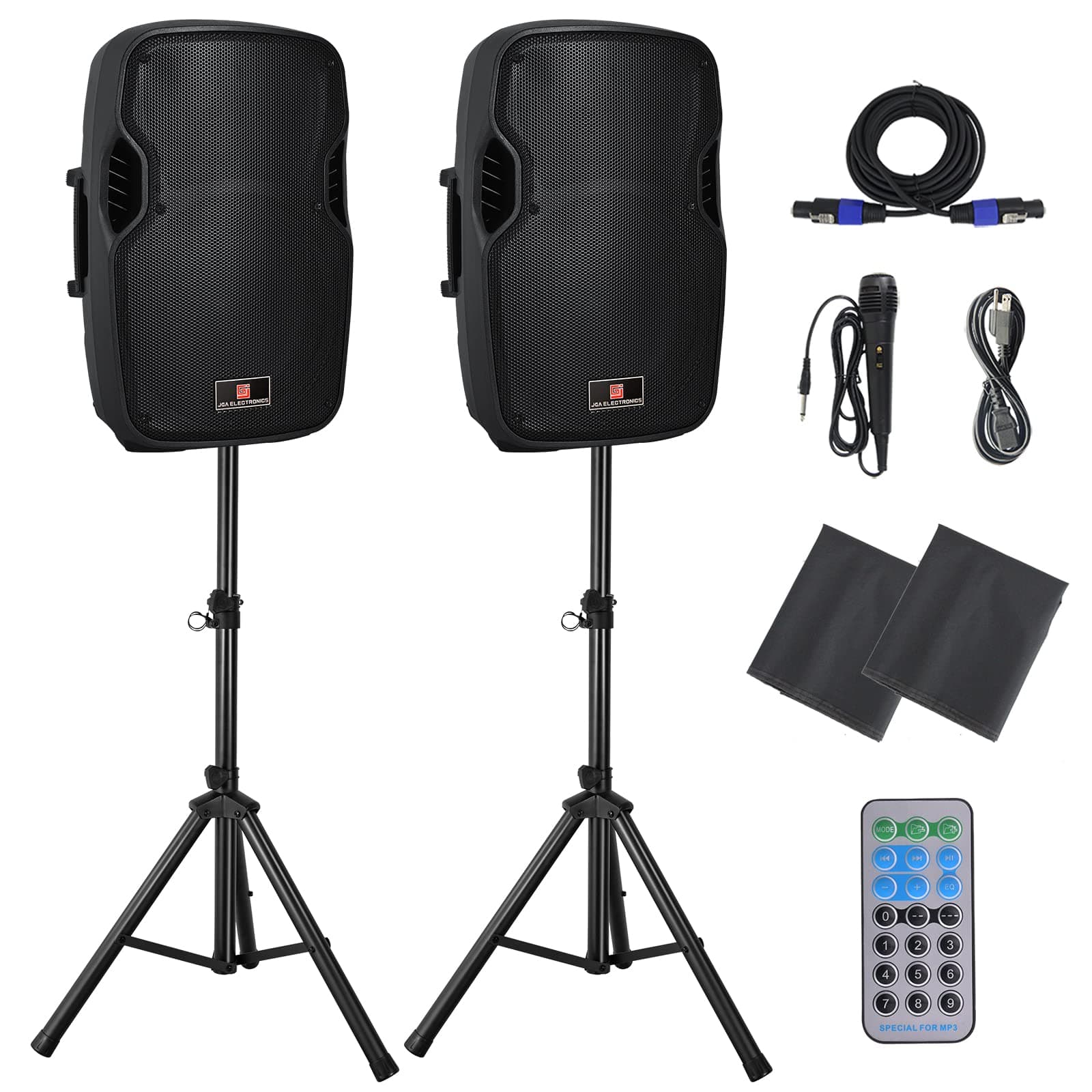 PA Speakers Bluetooth System 12 Inch Active & Passive Powered Speakers with MP3/USB/SD Radio/AUX Input.Wired Microphone,Speaker Stands,Remote Contr...