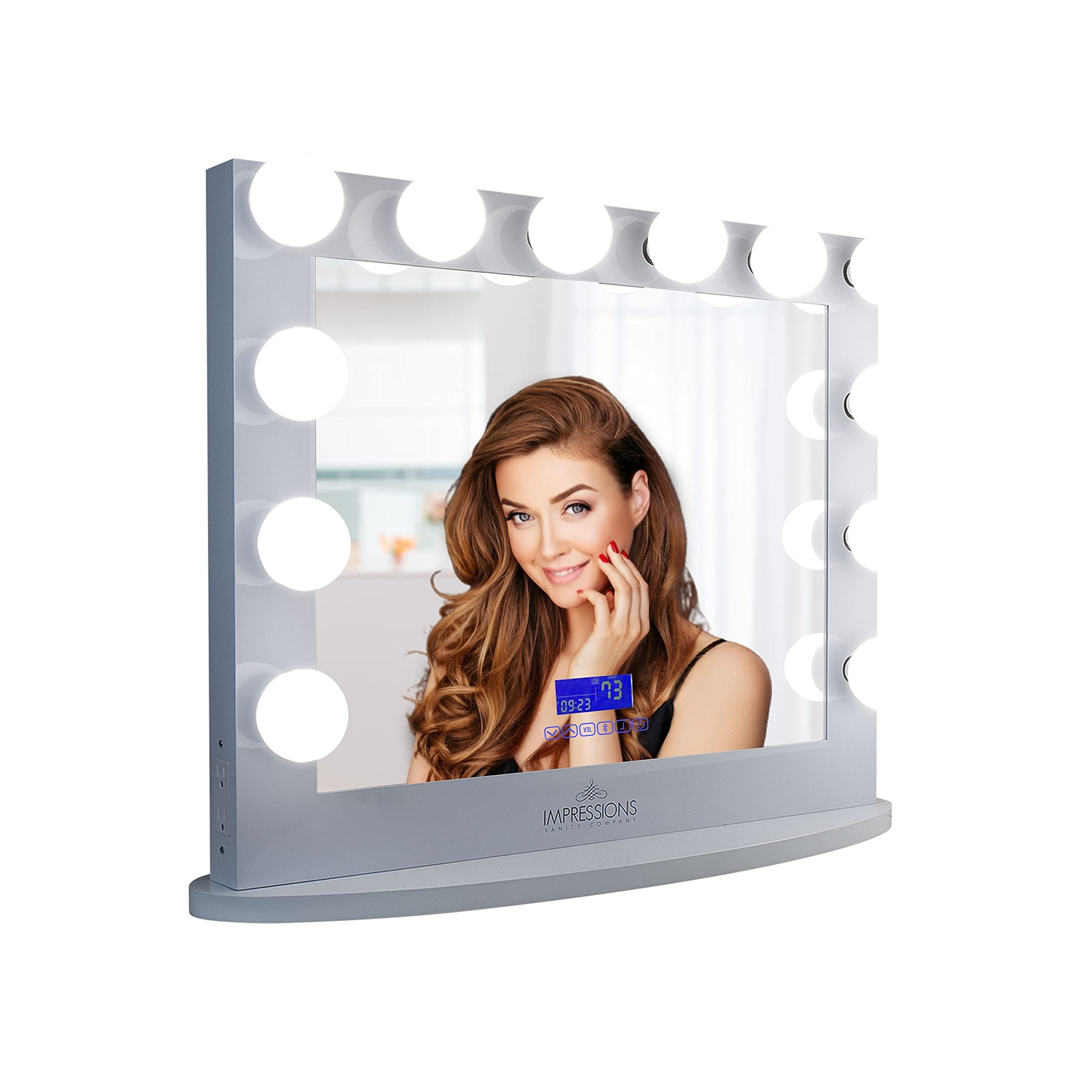 Impressions Hollywood Iconic Plus Vanity Mirror with Bluetooth Speakers, Tabletop Base or Wall Mounting Mirror with 12 LED Frosted White Lights (Si...
