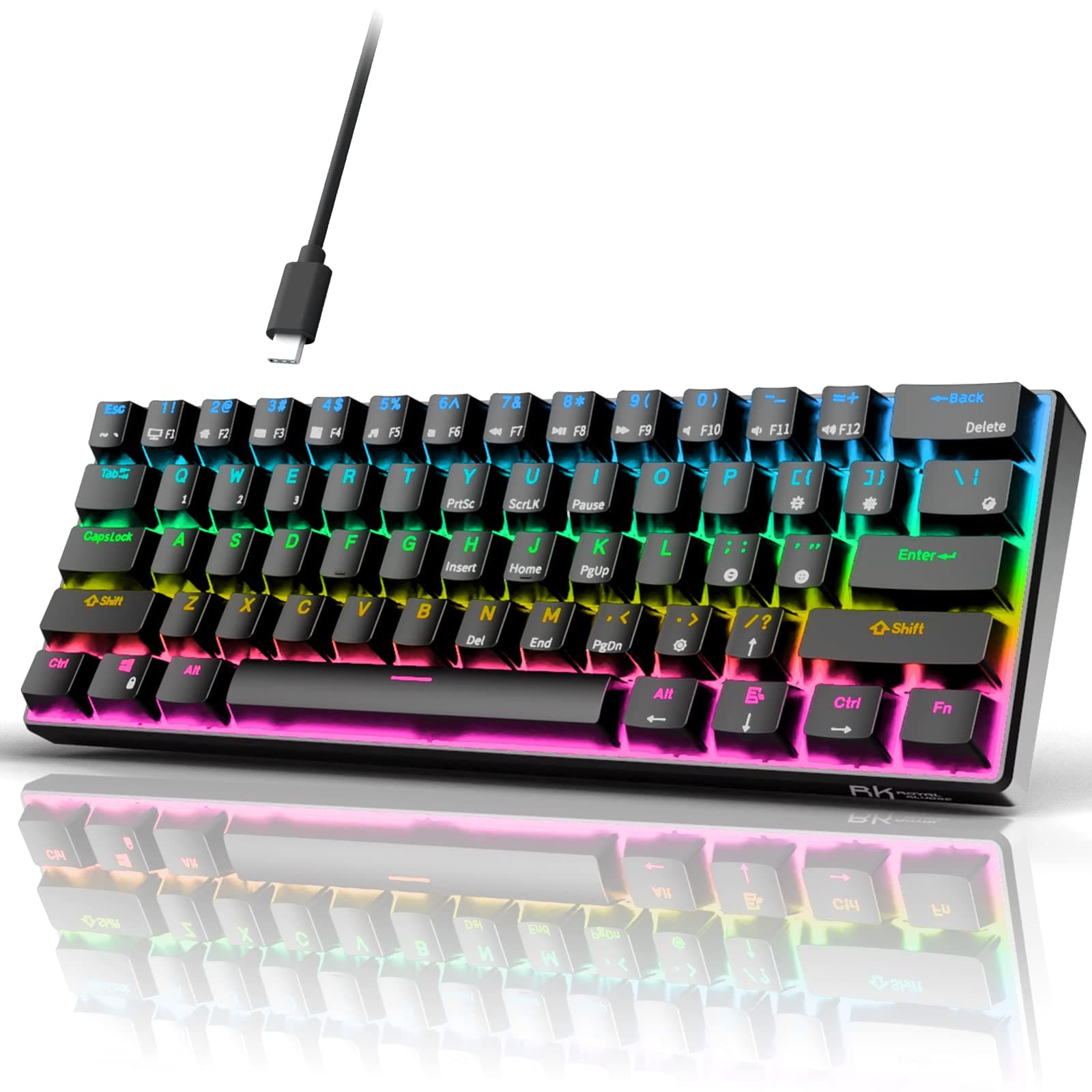 RK ROYAL KLUDGE RK61 Wired 60% Mechanical Gaming Keyboard RGB Backlit Ultra-Compact Hot-Swappable Blue Switch Black