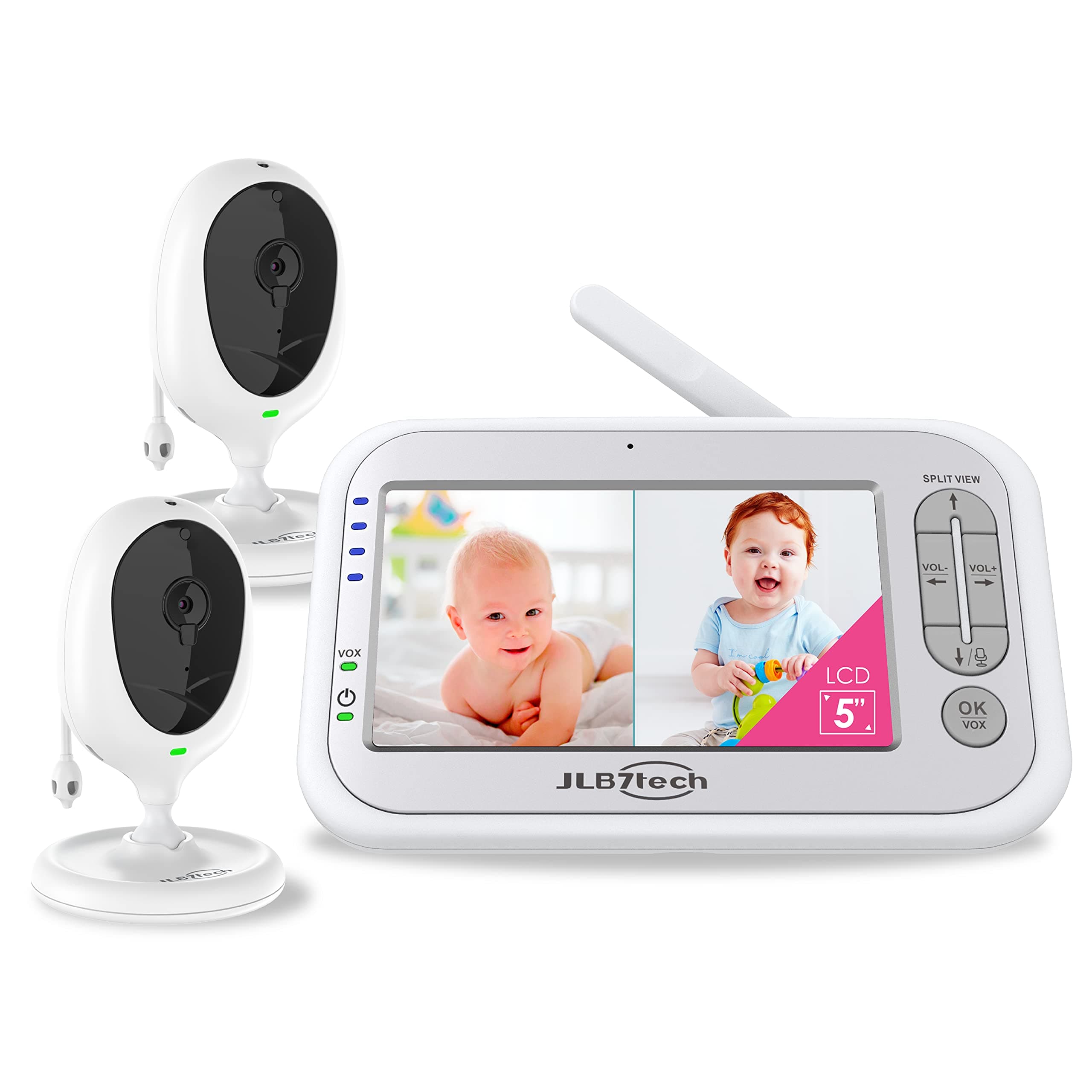 Baby Monitor, JLB7tech 5" Split Screen,Video Baby Monitor with 2 Cameras and Audio,Night Vision,Two-Way Talk,Long Range,Feeding Time,Lullabies,...
