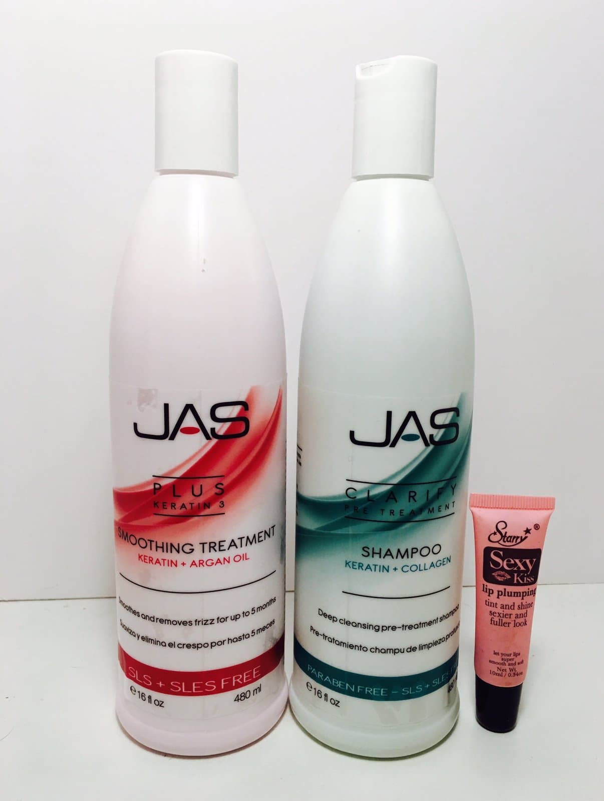 JAS Plus Keratin 3 Smoothing Treatment Keratin + Argan Oil 16 Oz & Clarifying Shampoo 16 oz"Free Starry Sexy Kiss Lip Plumping 10 Ml" (16 o...
