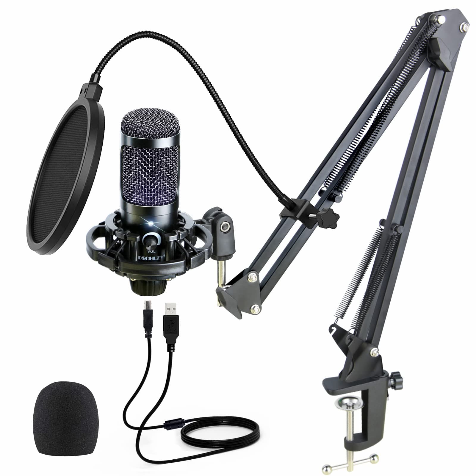 USB Condenser Podcast Recording Microphone: Mic Studio Singing Cardioid Boom Arm Pop Filter Kit for Streaming YouTube Gaming Voice PC