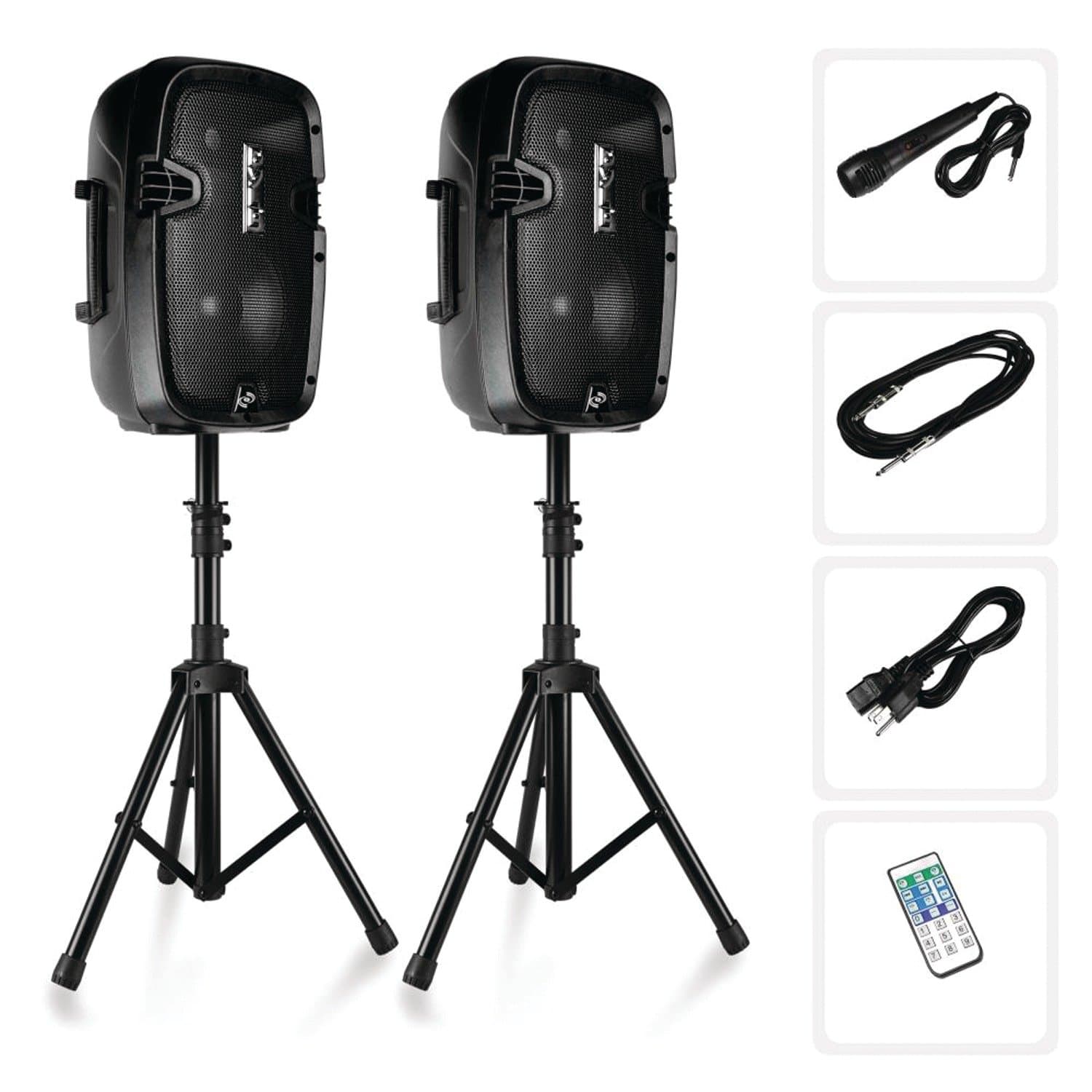 Powered PA Speaker System Active & Passive Bluetooth Loudspeakers Kit with 8 Inch Speakers, Wired Microphone, MP3/USB/SD/AUX Readers, Speaker Stand...