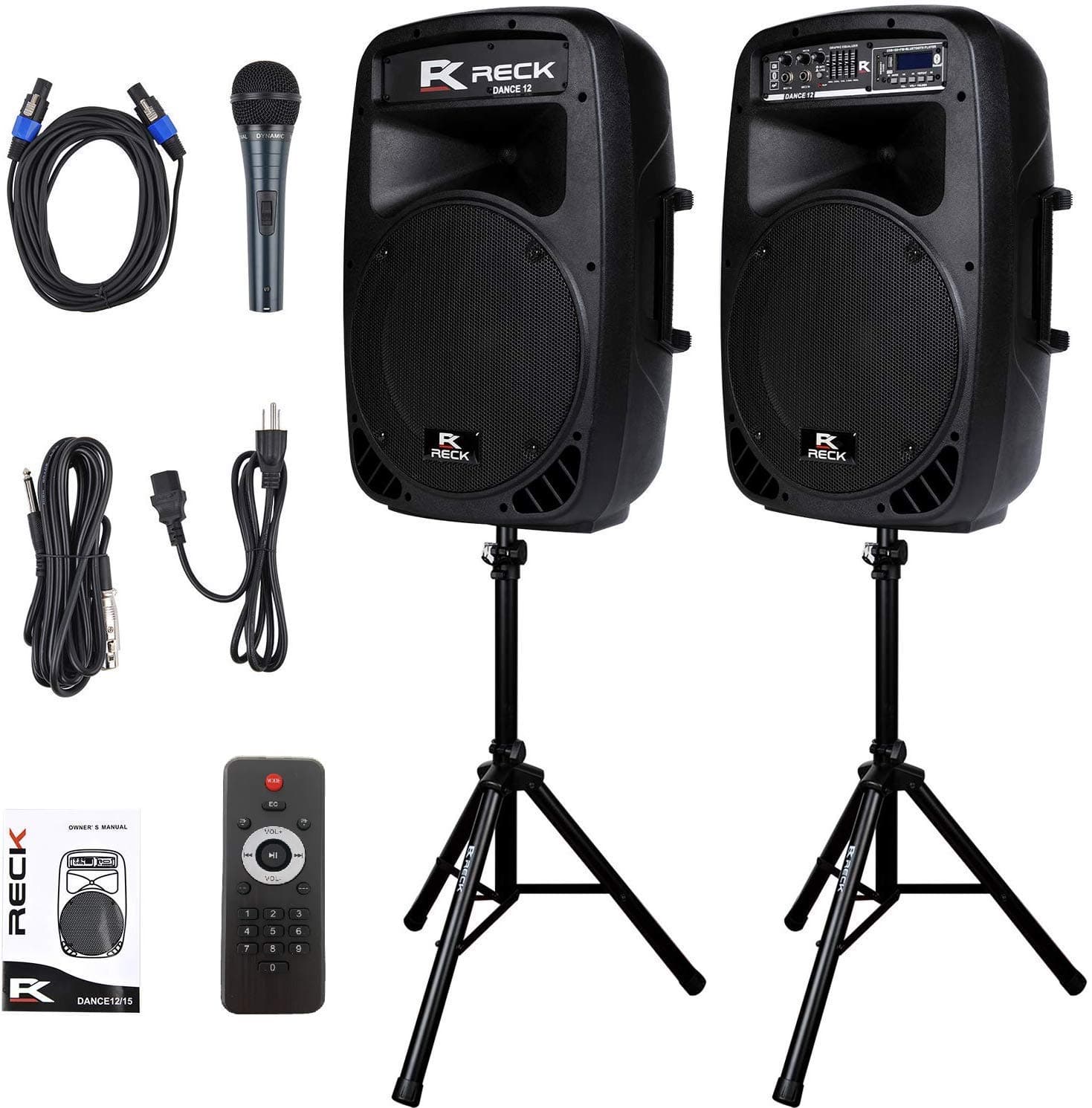 Proreck Dance 12 Portable 12-Inch 1000 Watts 2-Way Powered PA Speaker System Combo Set with Bluetooth/USB/SD Card Reader/FM Radio/Remote Control/Sp...
