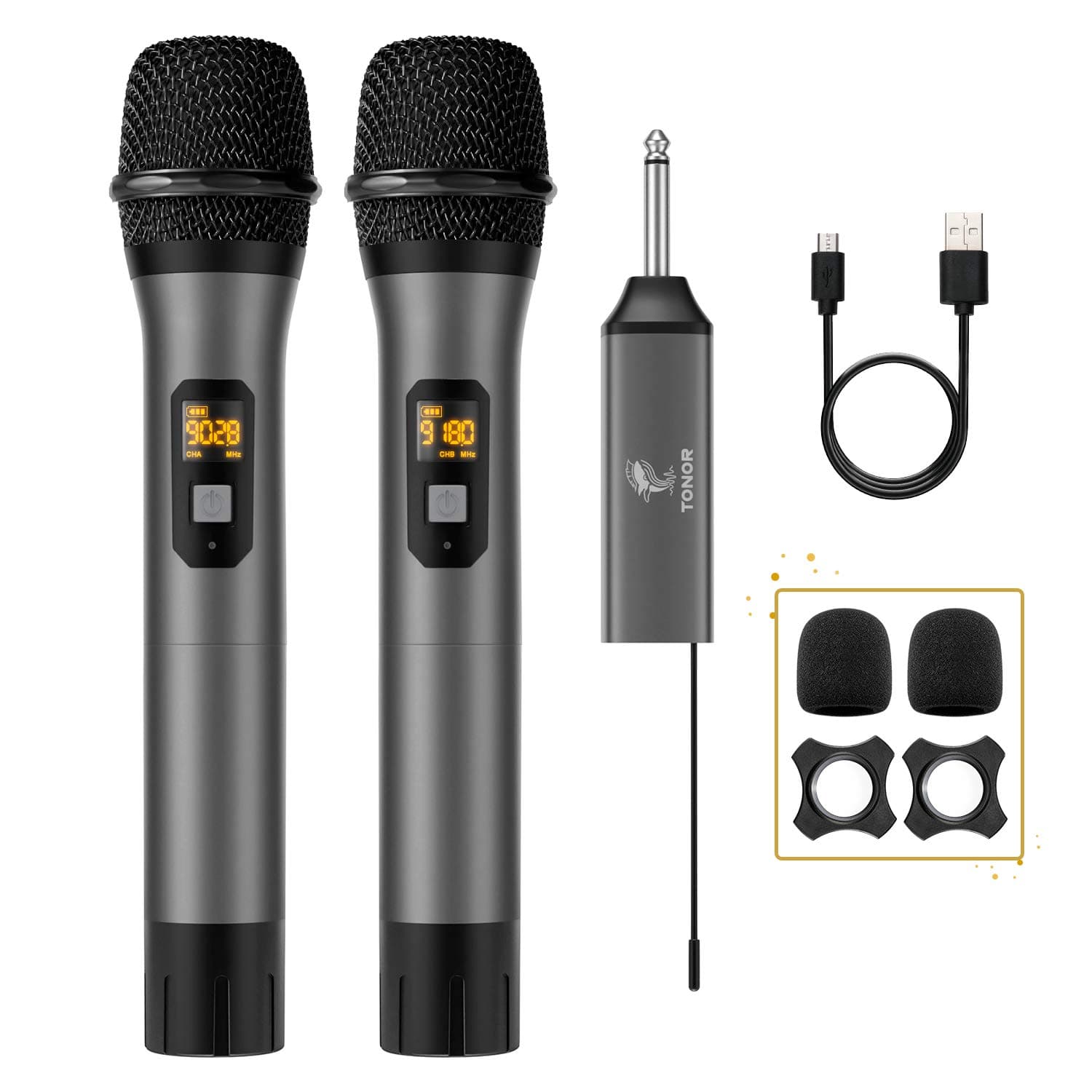 Wireless Microphone, TONOR UHF Dual Cordless Metal Dynamic Mic System with Rechargeable Receiver, for Karaoke Singing, Wedding, DJ, Party, Speech, ...