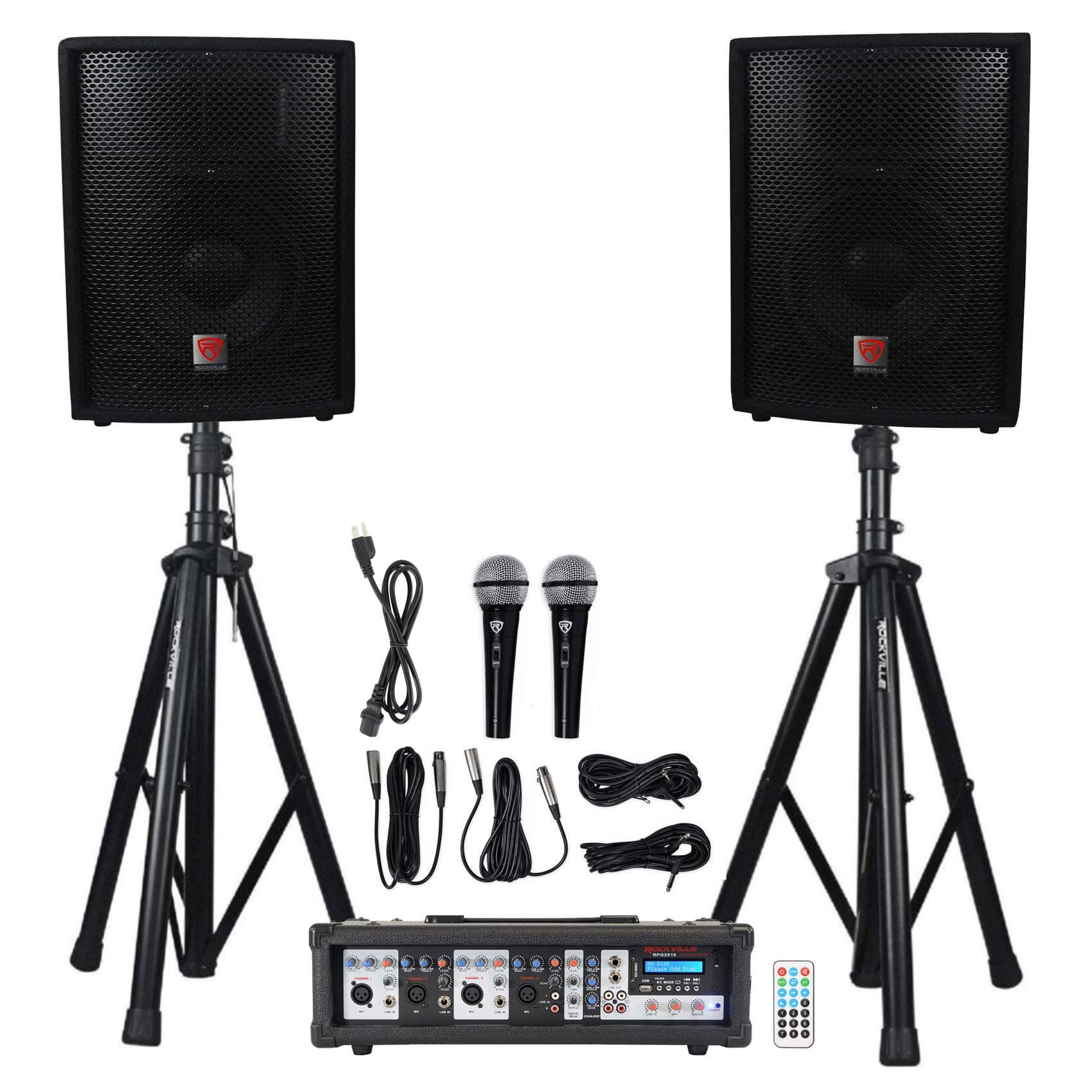 Rockville Package PA System Mixer/Amp+10" Speakers+Stands+Mics+Bluetooth, (RPG2X10)