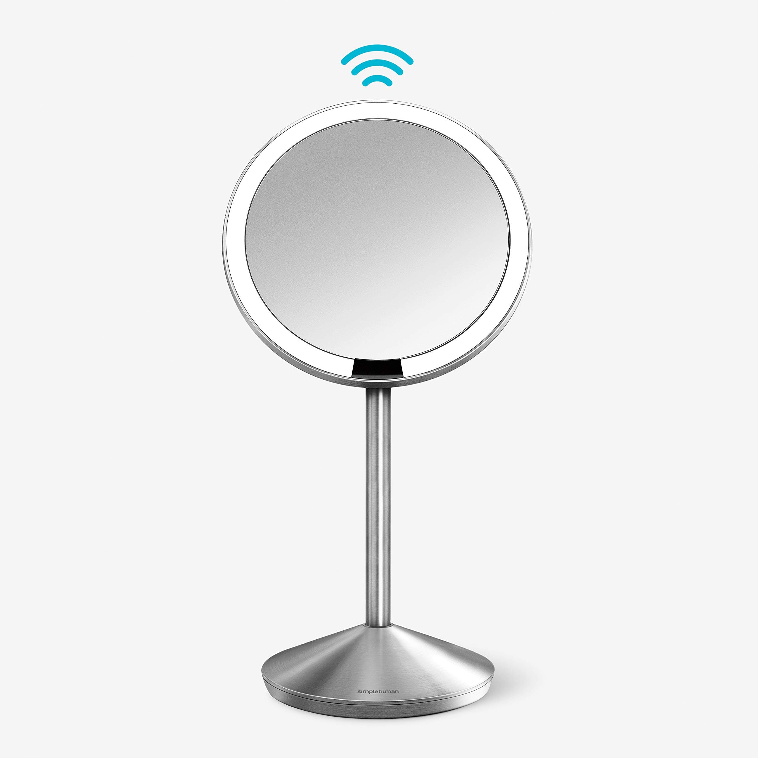 simplehuman 5" Round Rechargeable Mini Travel Sensor Makeup Mirror, 10x Magnification, Brushed Stainless Steel