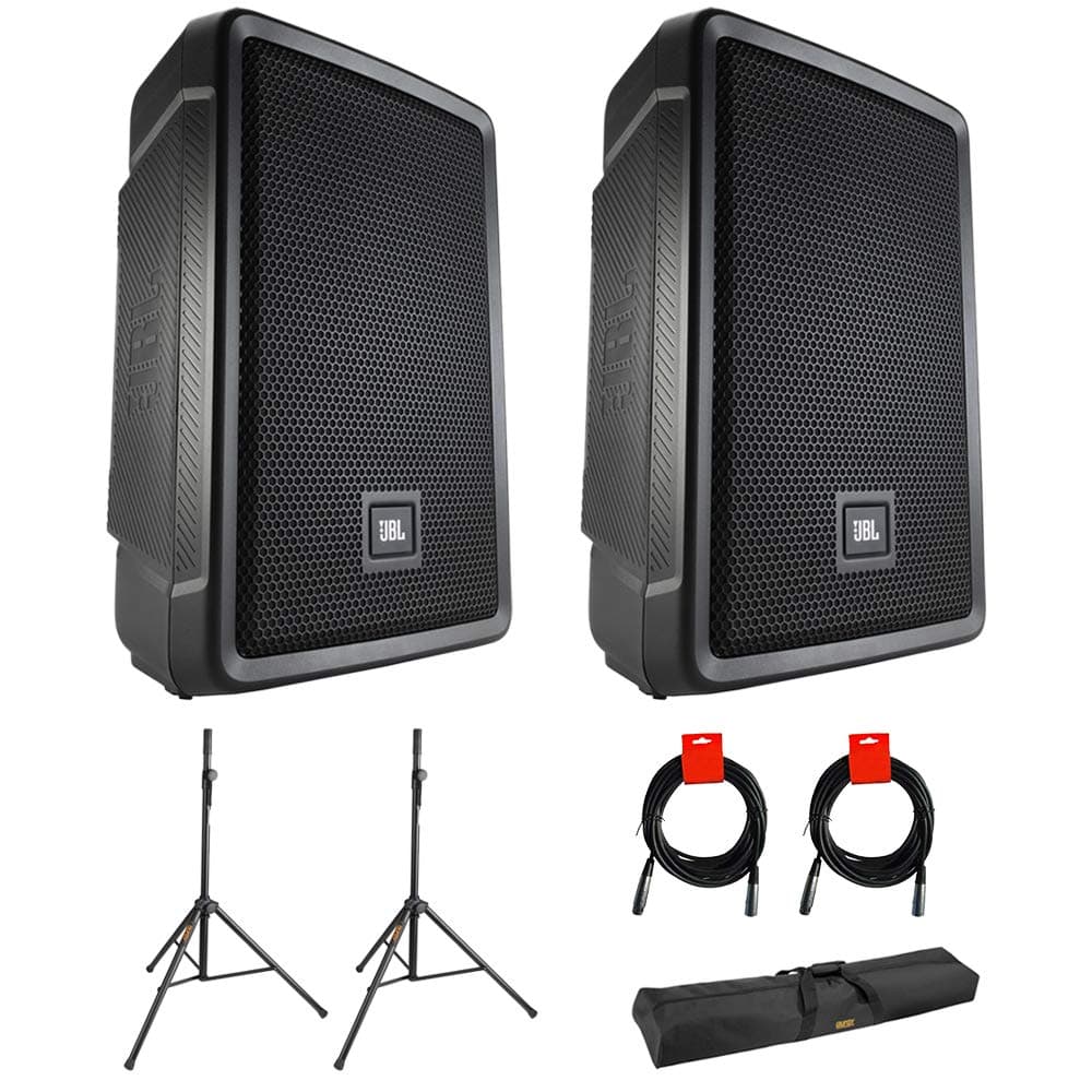 JBL IRX108BT Compact Powered 8" Portable Speaker, Bluetooth (Pair) Bundle with 2x Speaker Stand, 2x XLR Cable & Stand Bag