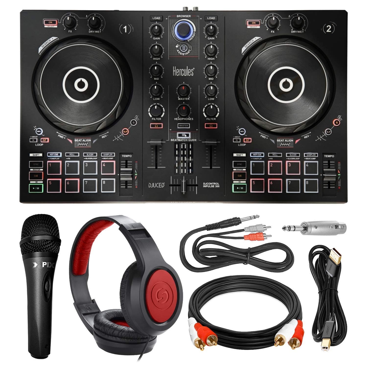 Hercules DJContorl Inpulse 300 Controller + Headphones + Microphone + Premium Accessory Bundle