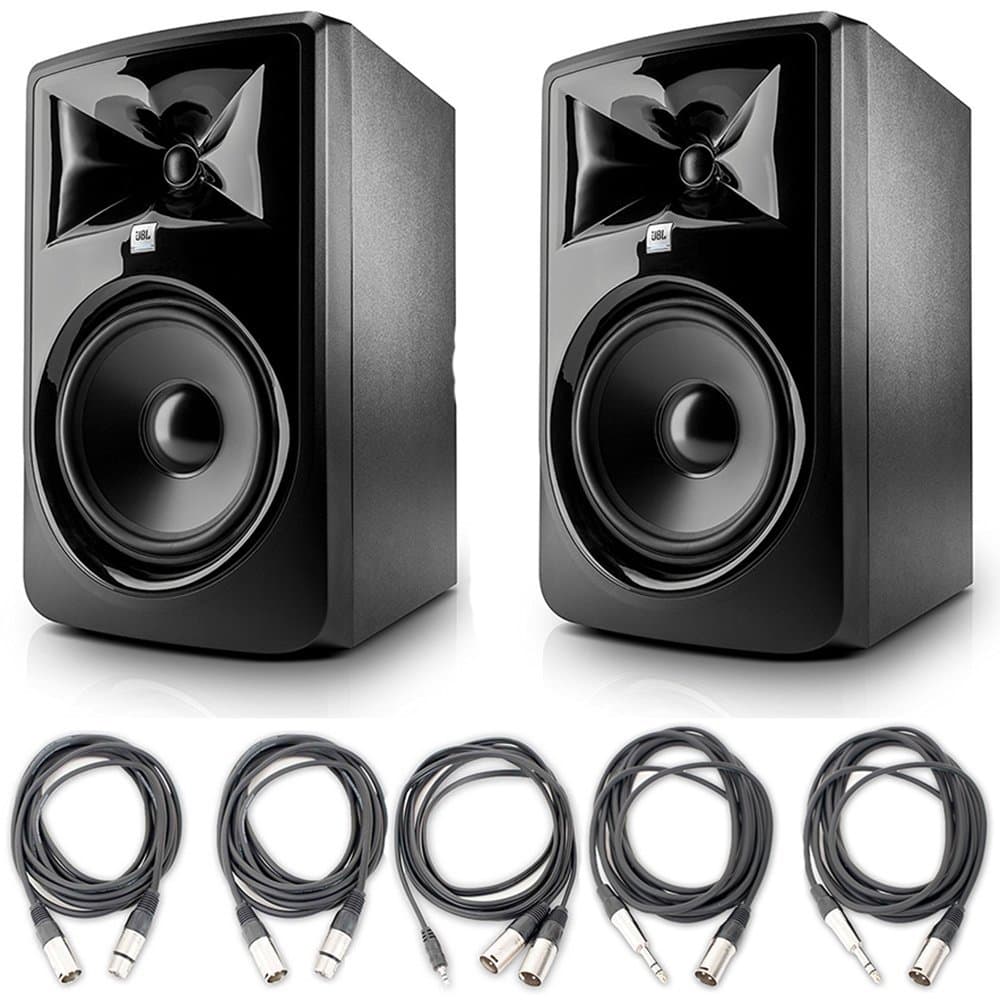 JBL 308P MkII Powered 8" Studio Monitoring Speakers (Pair) w/ 5 Essential AxcessAbles AudioCables for Recording Studio