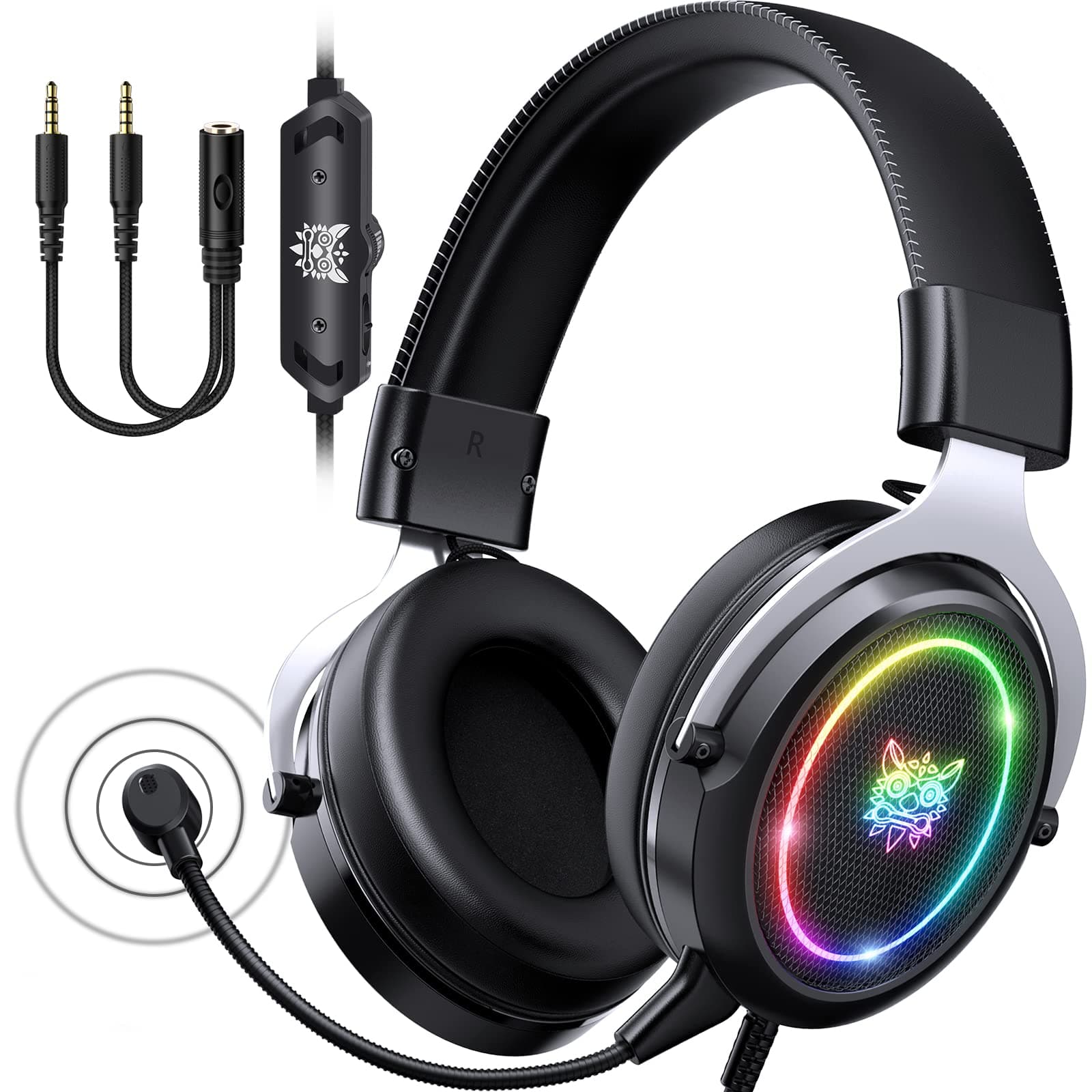 Ajsaki Gaming Headset for Playstation 5 - PC Headset with Detachable Mic RGB Light Over-Ear Gaming Headphones 7.1 Surround Sound Compatible with PS...