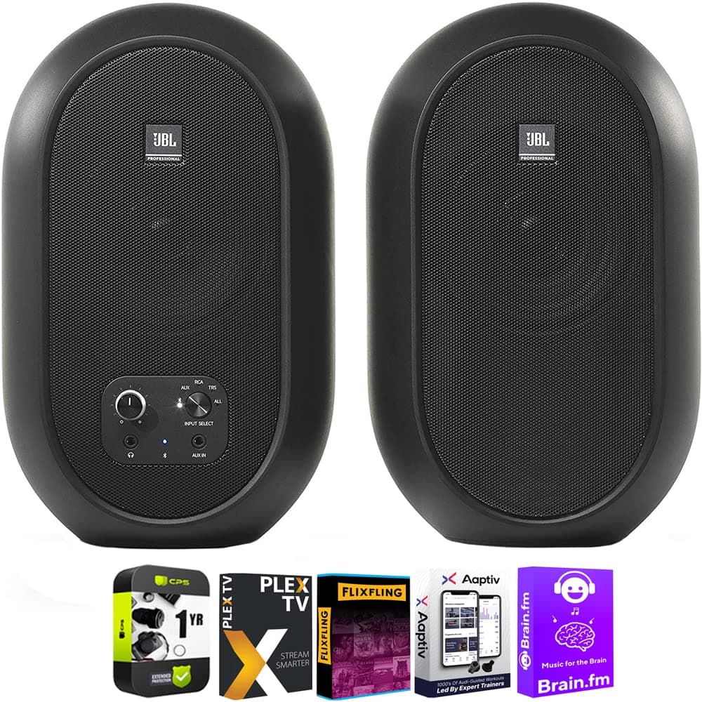 JBL 104SET-BT-US Compact Desktop Reference Monitors with Bluetooth Pair Black Bundle with Tech Smart USA Audio Entertainment Essentials Bundle and ...