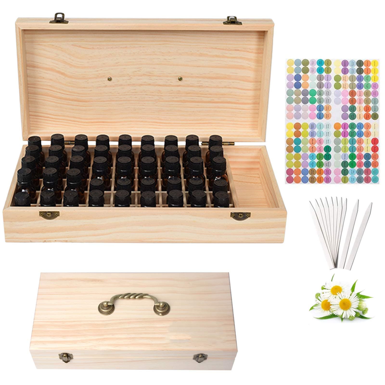 PhantomSky 46 Slots Wooden Essential Oil Storage Box Cosmetic Display Case Lipstick Ring Earring Perfume Nail Polish Organizer Holder Set with Labe...