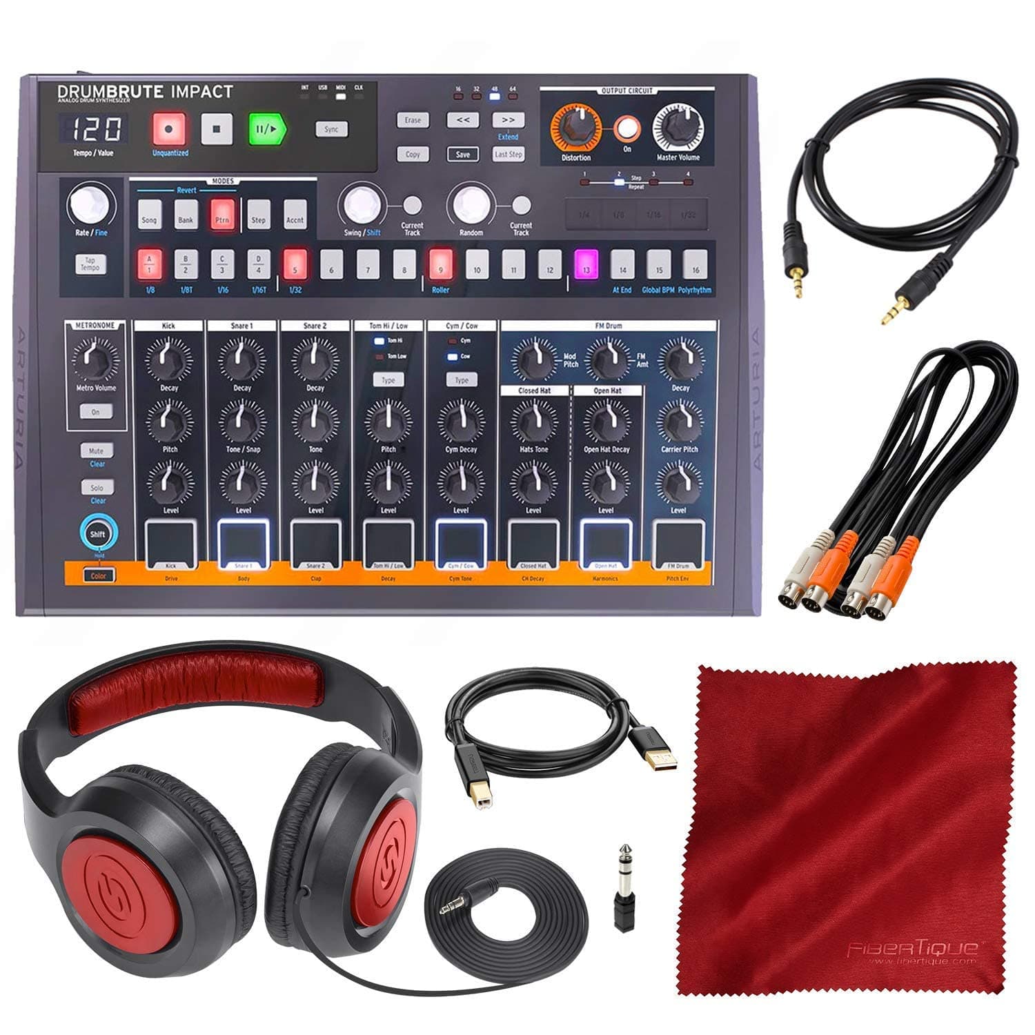 Arturia DrumBrute Impact Analog Drum Machine with Headphones and Accessory Bundle