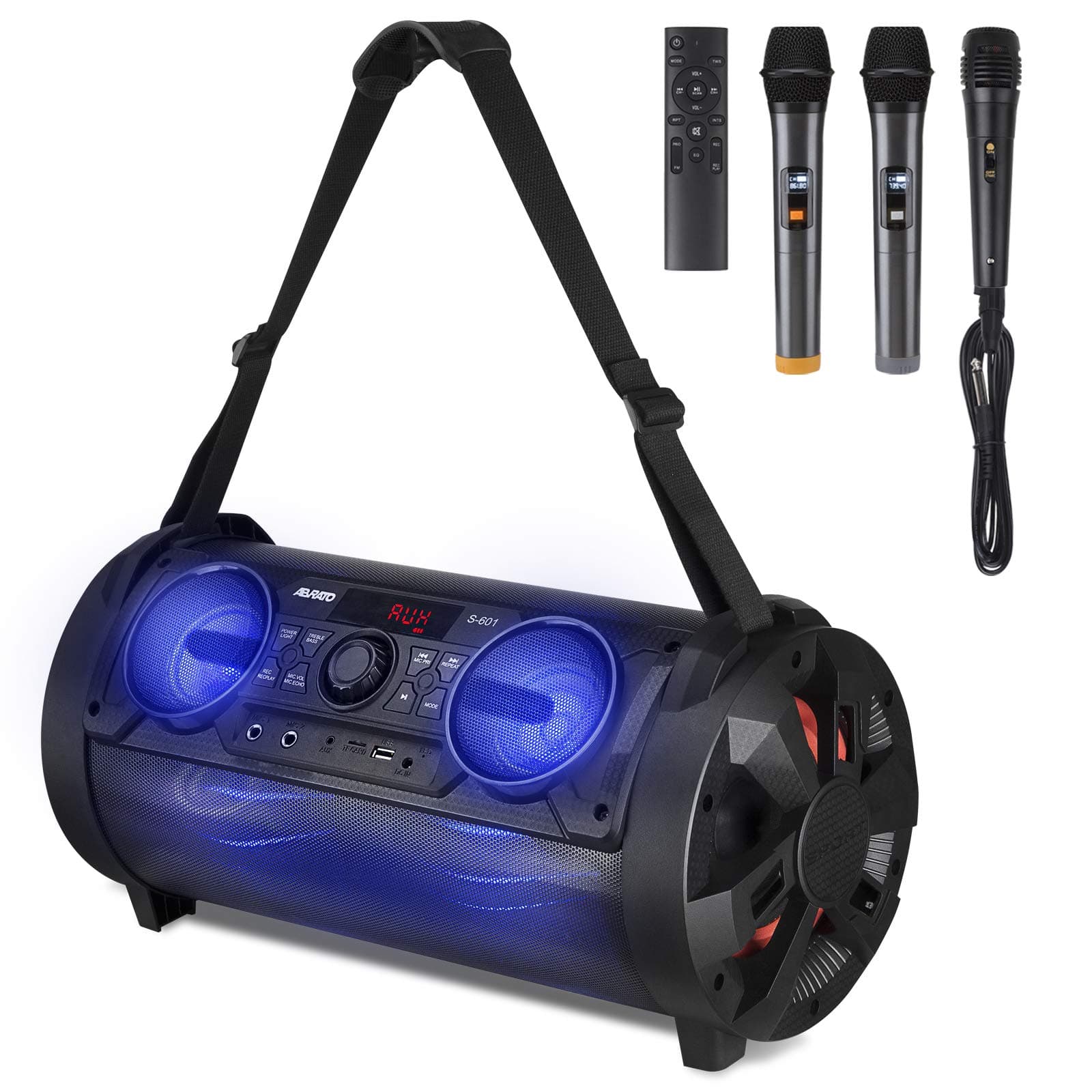 ABRATO Portable Karaoke Machine for Adults with Back Strap, 6" Subwoofer Bluetooth Speaker with LED Lights, Bonus 3 Microphones (2 Wireless & 1...