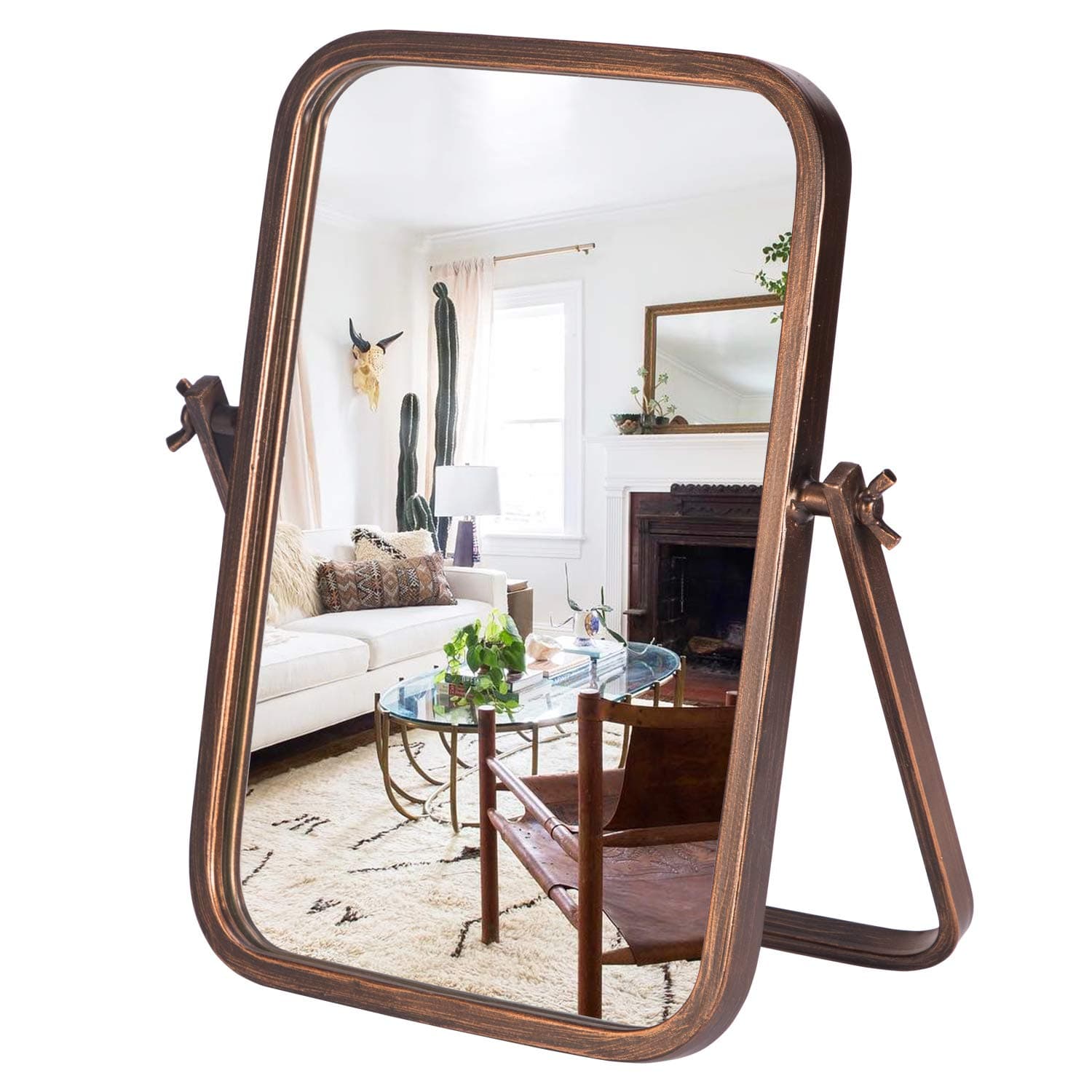 Geloo Vintage Vanity Desk Mirror- Makeup Cosmetic Table Mirrors Standing Mirror Rectangle Decorative 360° Rotation Metal Framed Bronze for Desktop,...