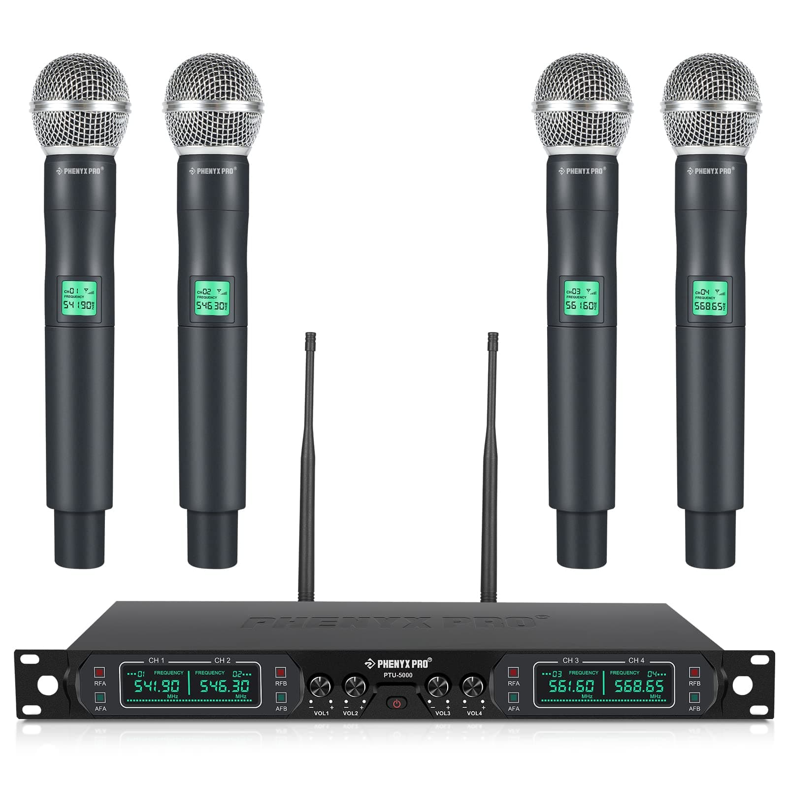 Wireless Microphone System, Phenyx Pro 4-Channel UHF Wireless Mic, Fixed Frequency Metal Cordless Mic with 4 Handheld Dynamic Microphones, 260ft Ra...