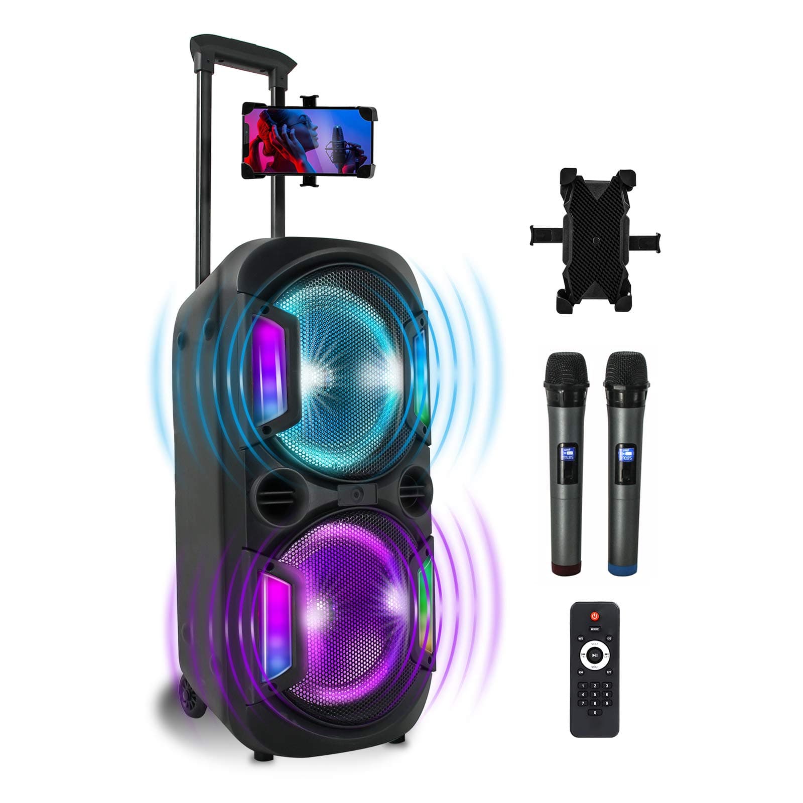 PA System Portable Bluetooth Speaker Karaoke Machine with 2 Wireless Microphones DJ Lights Recording, MP3, USB, TF, FM for Adults for TV Outdoor Party