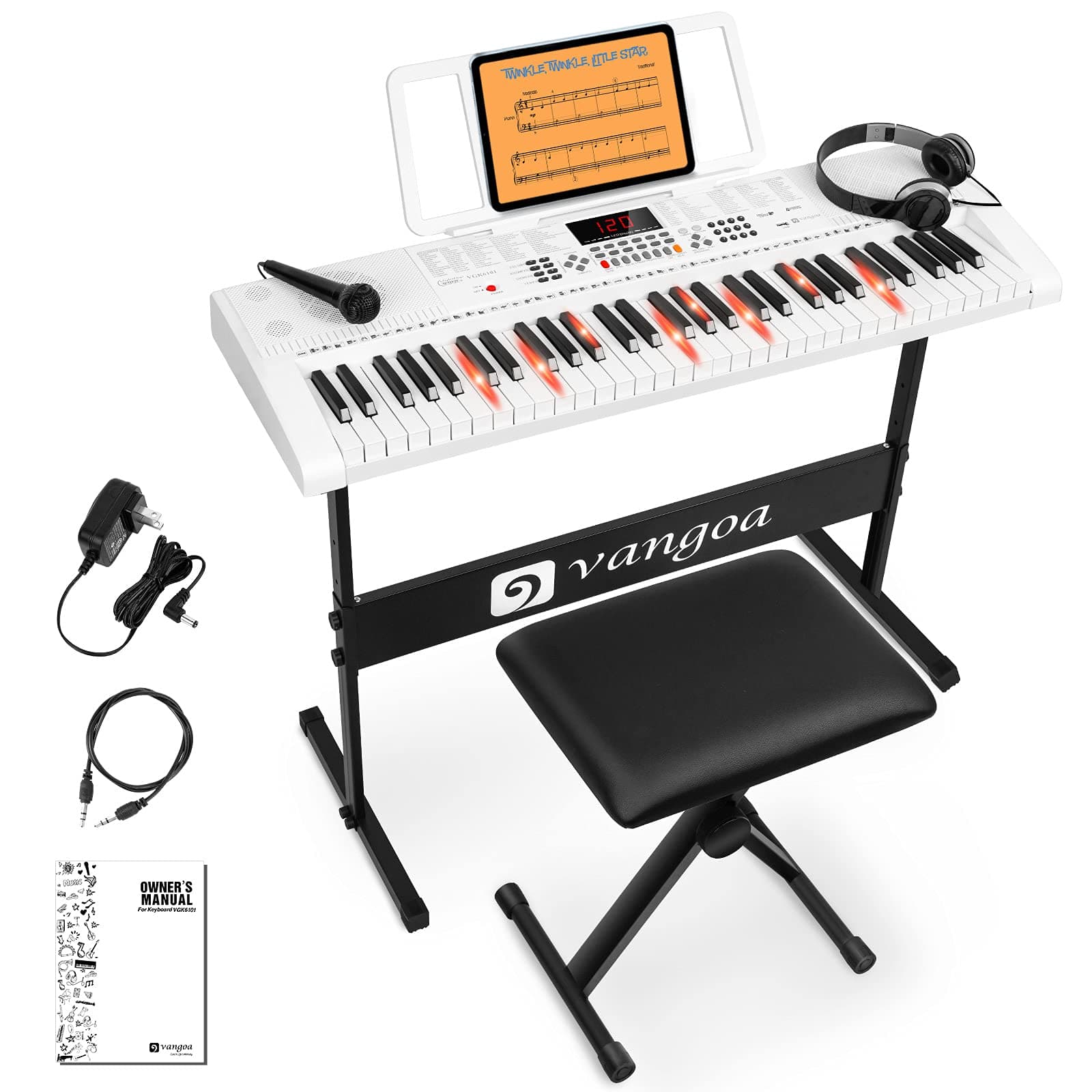 Vangoa VGK6101 White Piano Keyboard 61 Light up Keys Full-size, Electric Keyboard Piano with Stand and Bench for Beginner Kids Teens Adult, 3 Teach...