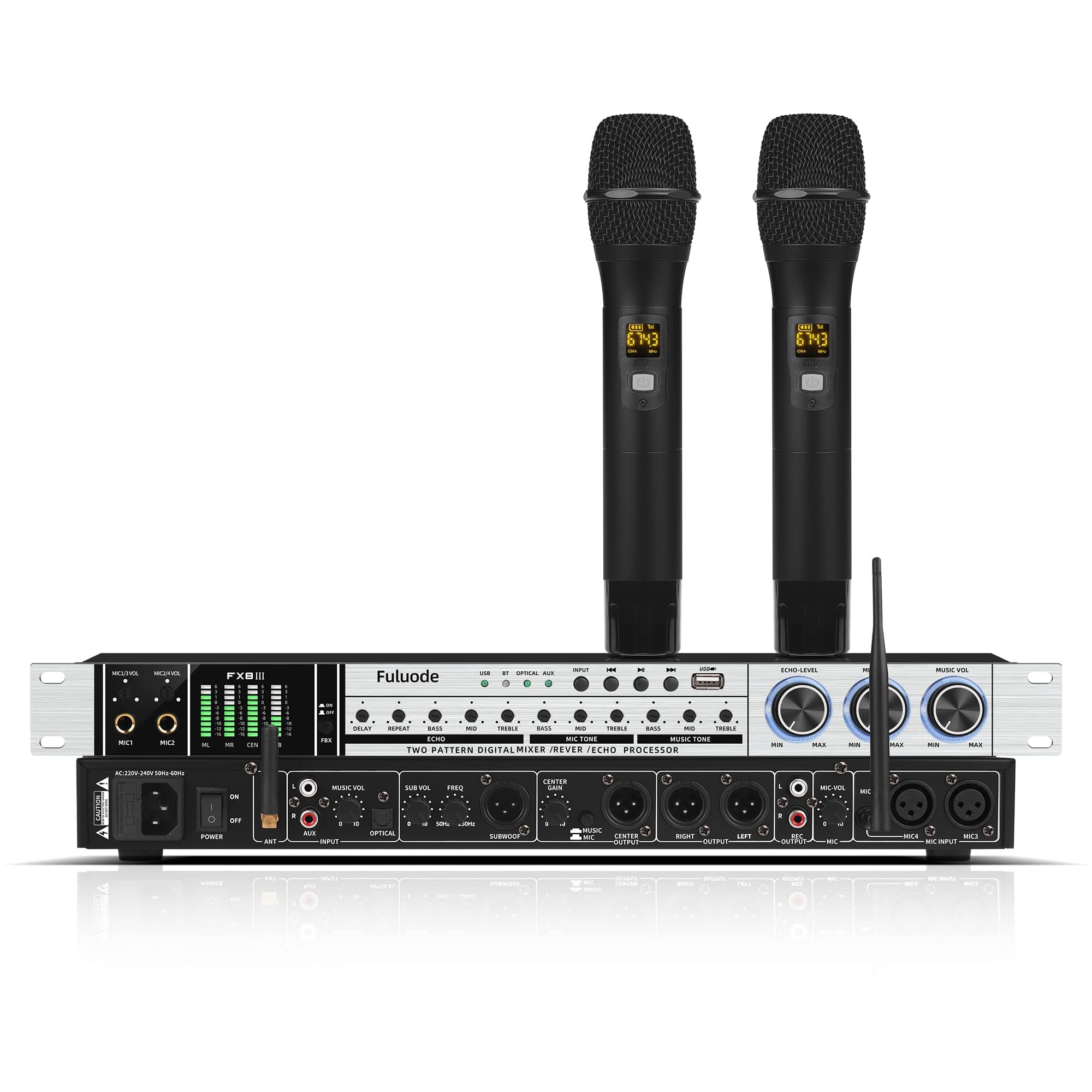 Fuluode FX8-III Digital Mixer Reverberator Microphone KTV Karaoke Audio Processor Anti-howling Digital reverberator(Dual Microphone, Black)