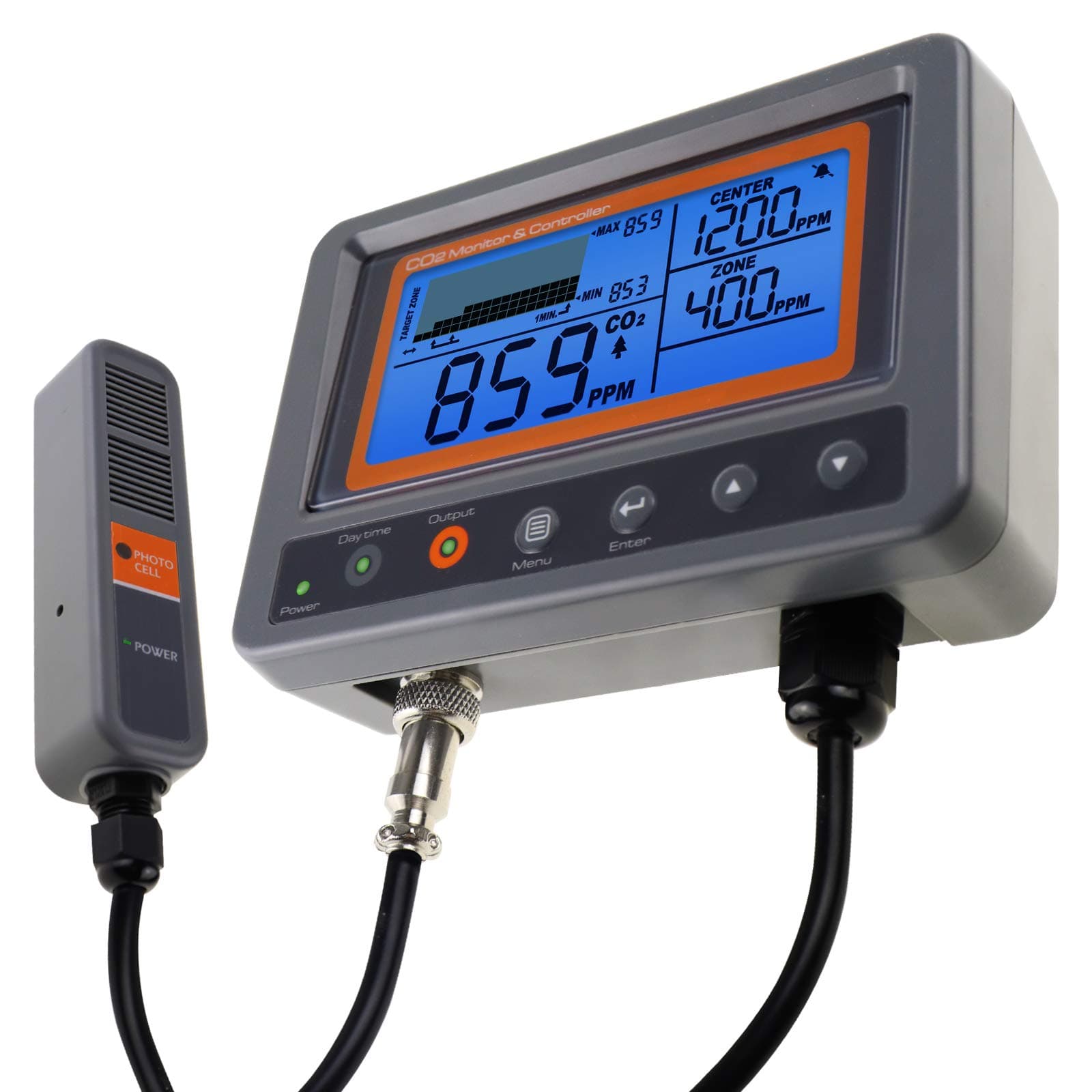 Carbon Dioxide CO2 Controller Monitor Meter Day and Night Control Relay Function 4.5m NDIR Sensor Probe Cable for Green House Grow Room Factory Hom...