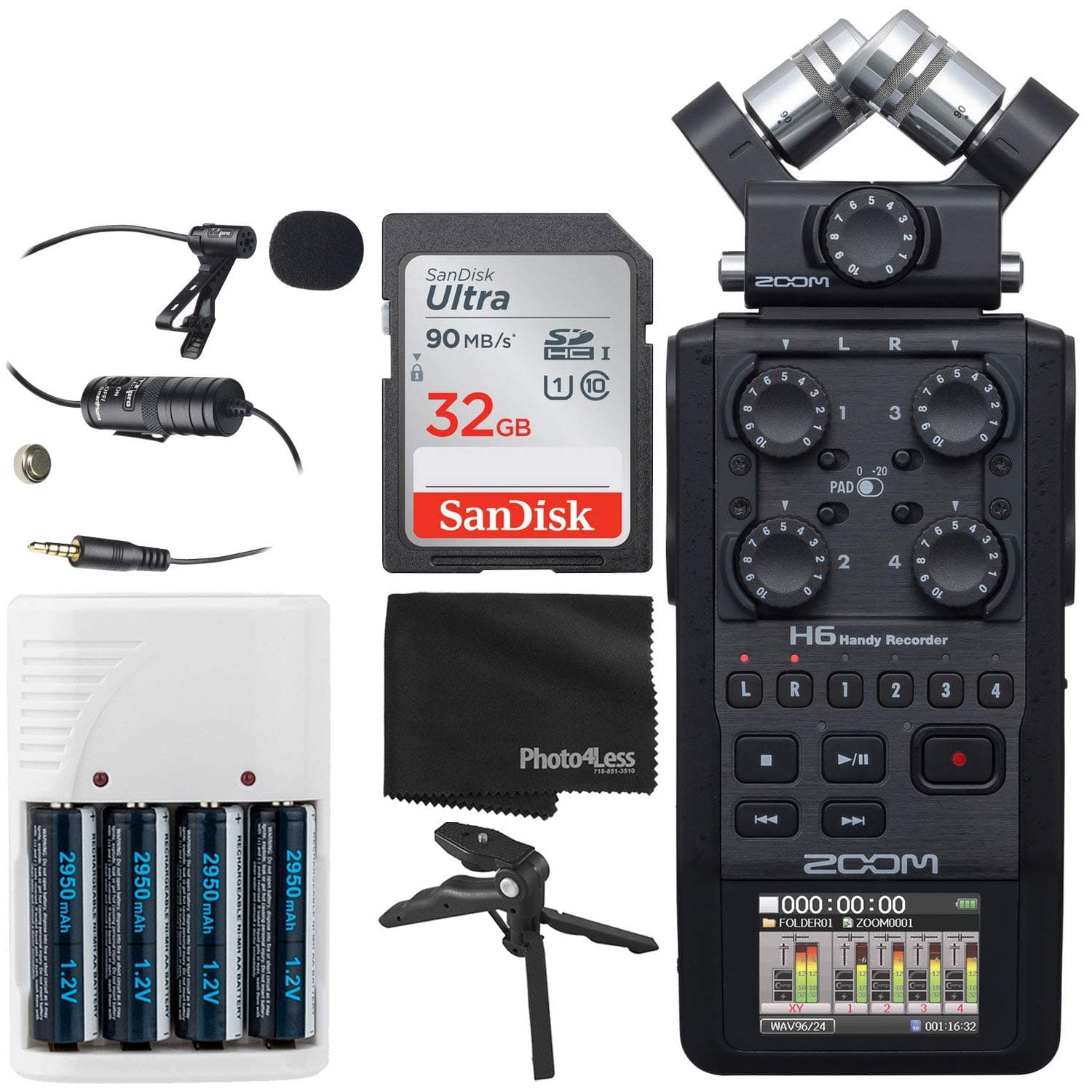 Zoom H6 All Black 6-Input / 6-Track Portable Handy Recorder with Single Mic Capsule (Black) + 32GB Memory Card + Lavalier Condenser Microphone + 4 ...