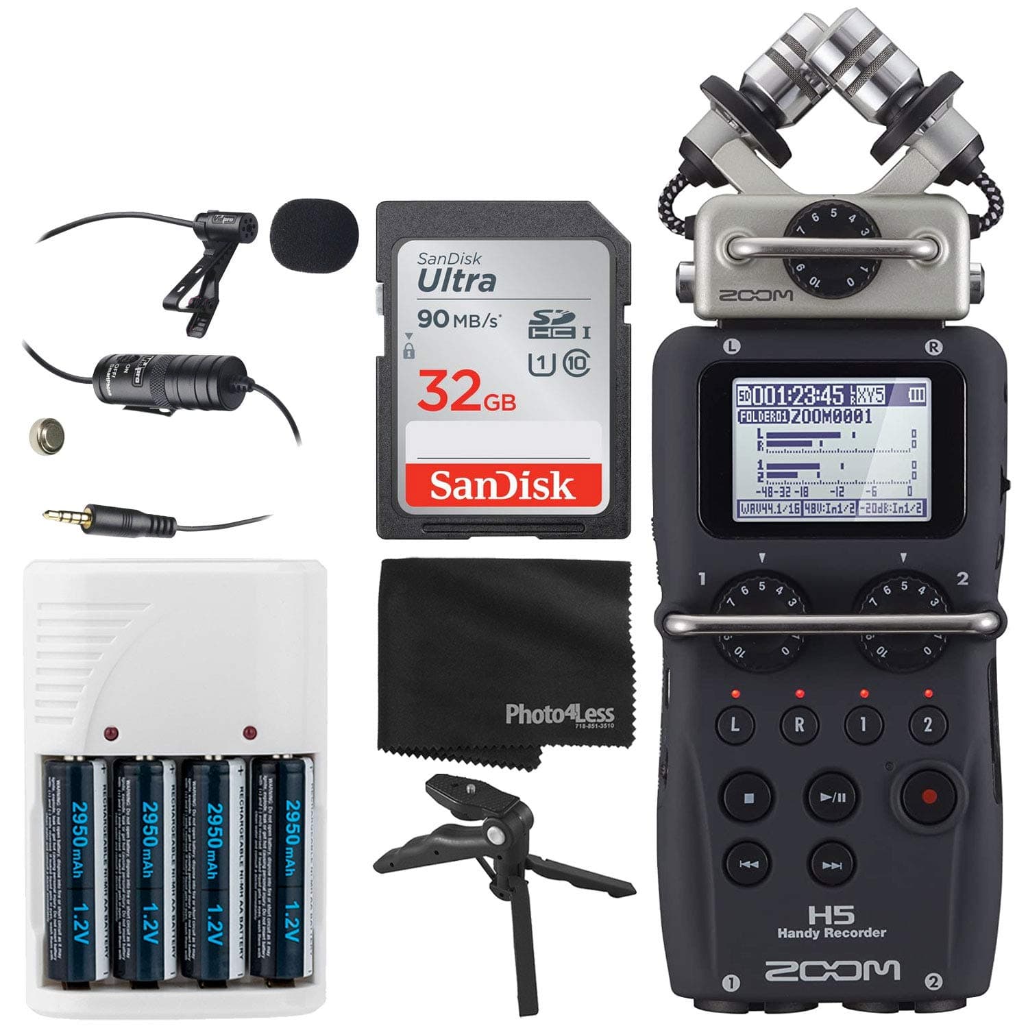 Zoom H5 4-Input / 4-Track Portable Handy Recorder with Interchangeable X/Y Mic Capsule + 32GB Memory Card + Lavalier Condenser Microphone + 4 AA Ba...