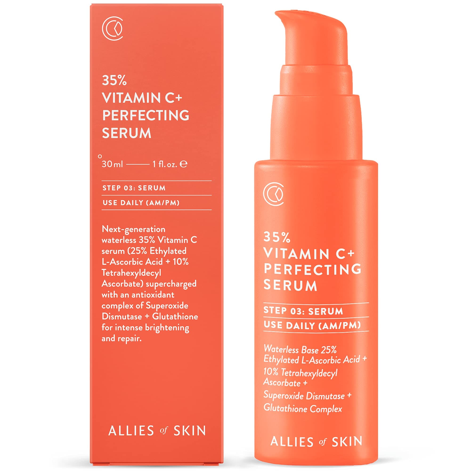 Allies of Skin 35% Vitamin C+ Perfecting Serum: Tetrahexyldecyl Ascorbate + Ethylated L-Ascorbic Acid, Glutathione, Superoxide Dismutase. Waterless...