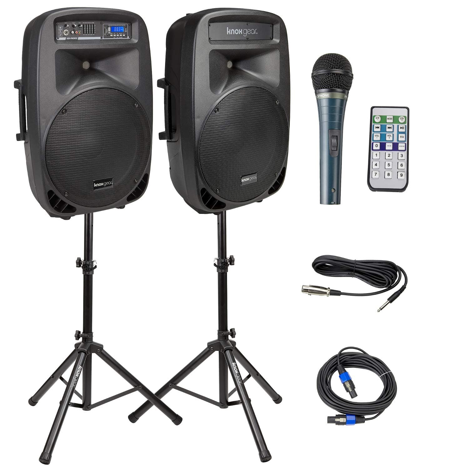 Knox Dual 15" Speakers, 600 Watt - 8 Piece Portable PA System - Microphone, Tripods, Remote Control - Bluetooth, USB, SD Card, RCA and 1/4"...