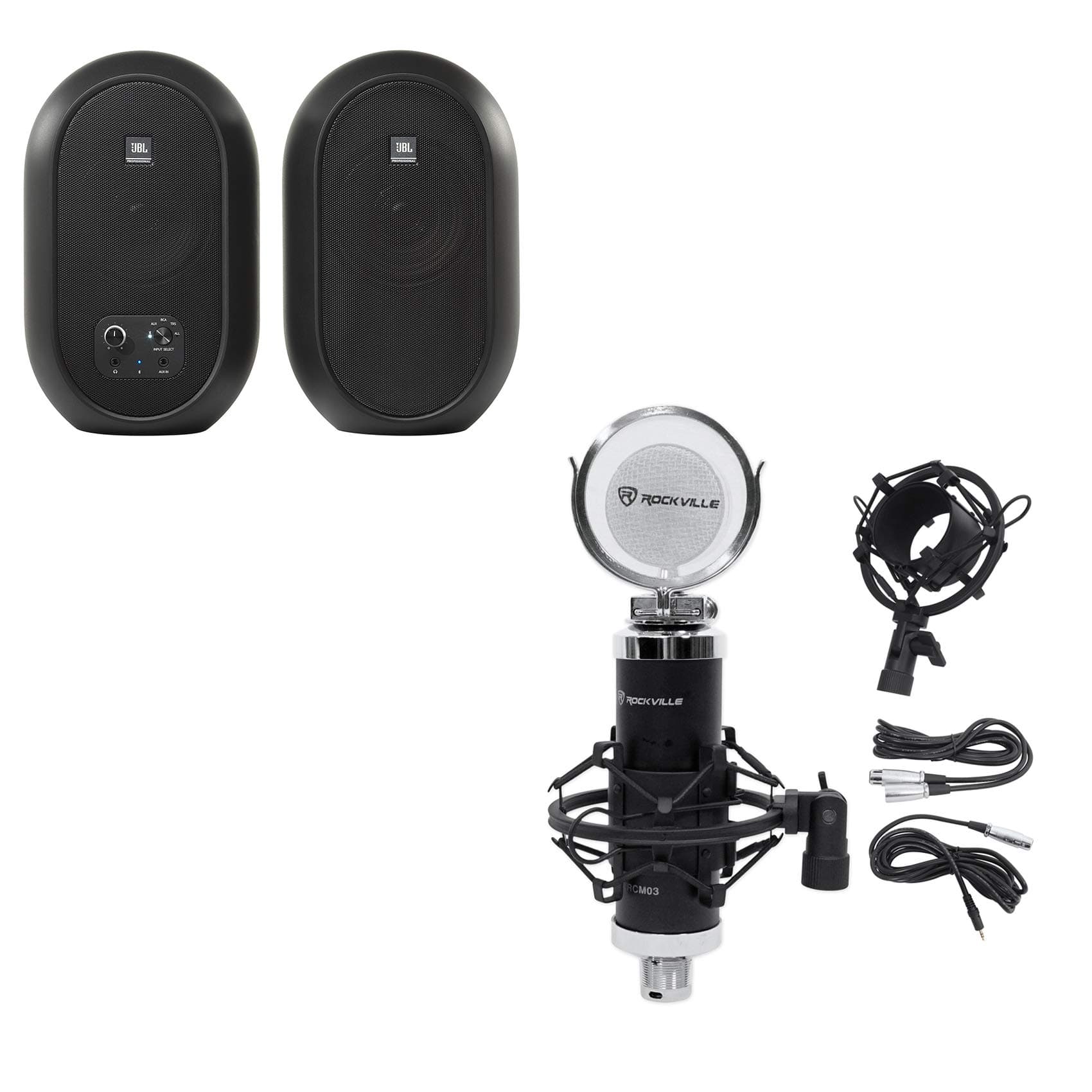 JBL 104SET-BT Pair Compact Powered Active Studio Reference Monitors Bluetooth Bundle with Rockville RCM03 Pro Studio Recording Condenser Microphone...